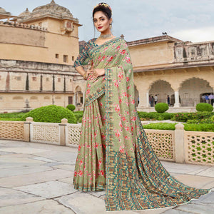 Light Green Digital Printed Linen Saree - Peachmode