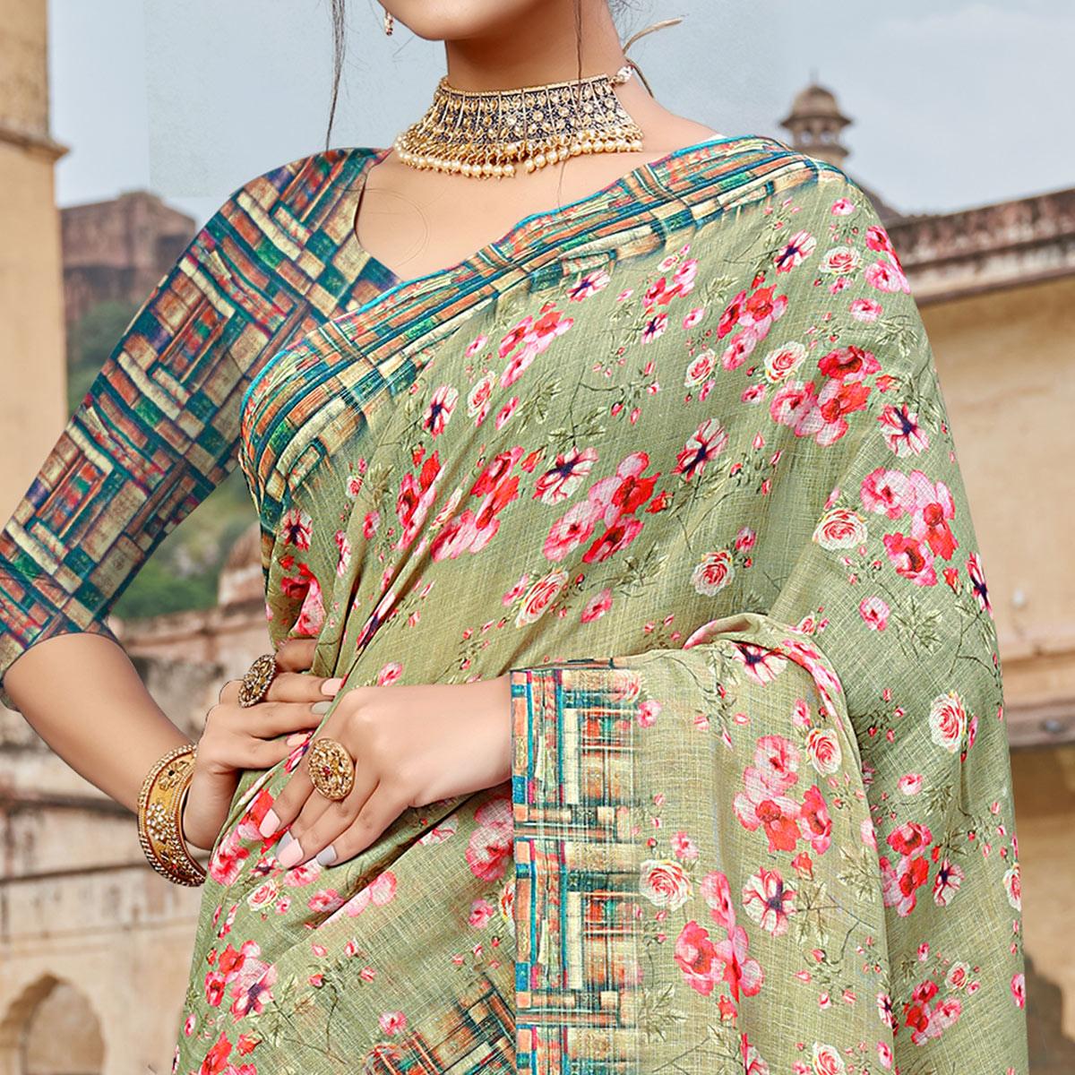 Light Green Digital Printed Linen Saree - Peachmode