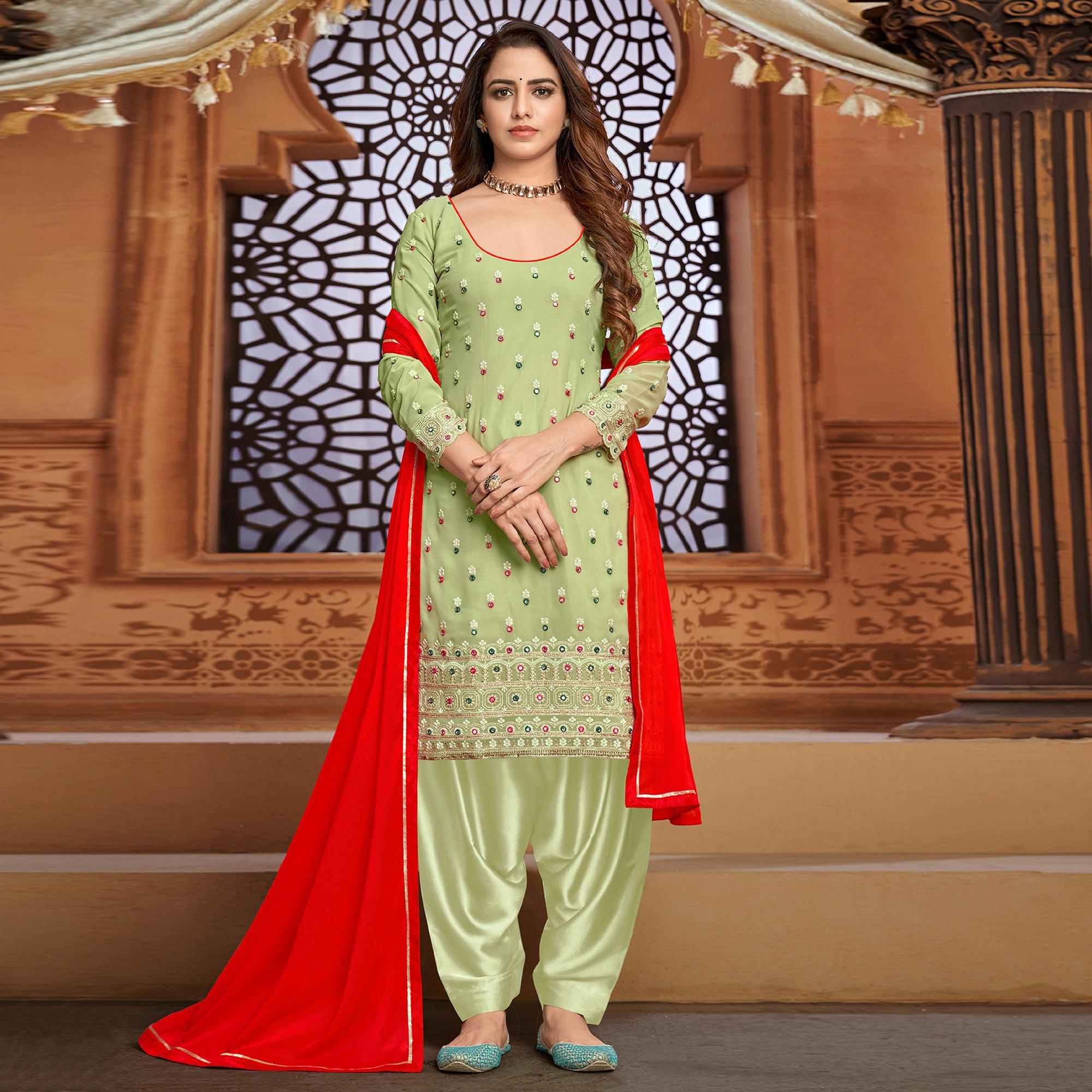 Light Green Embroidered Faux Georgette Partywear Patiyala Suit - Peachmode