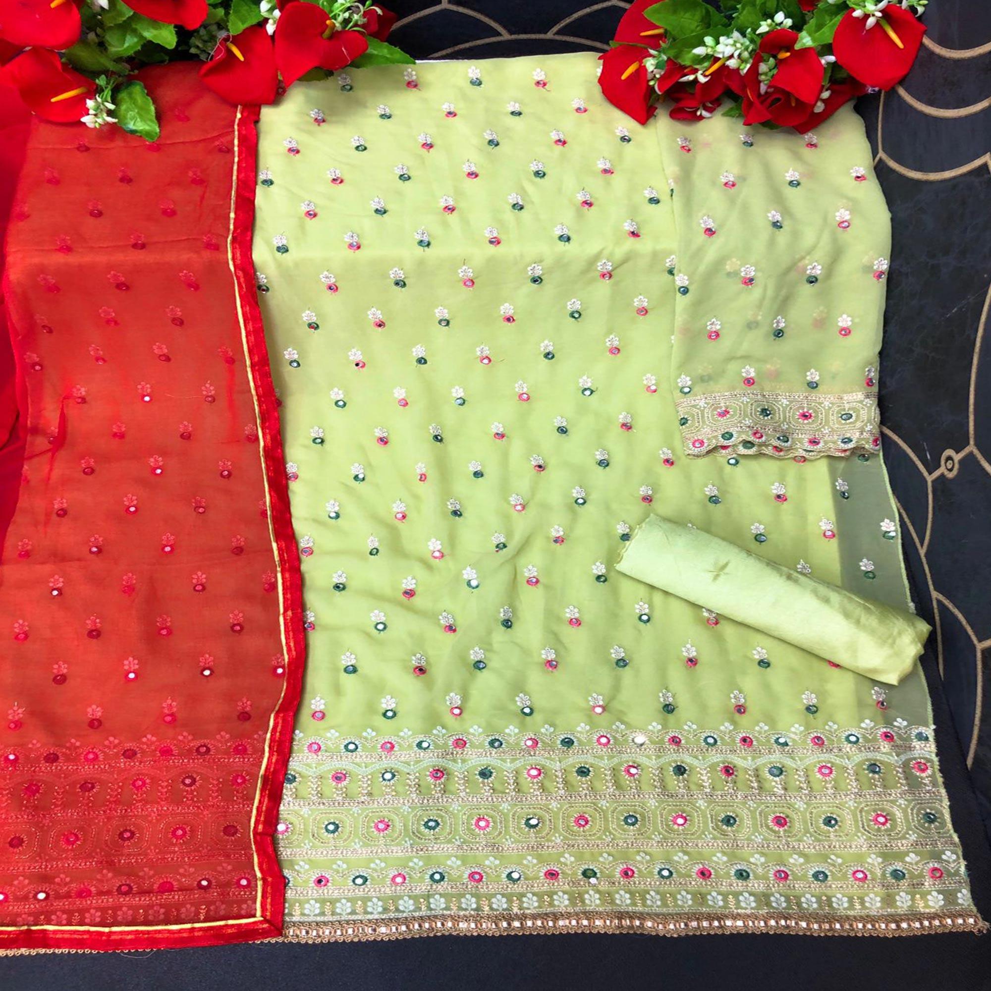 Light Green Embroidered Faux Georgette Partywear Patiyala Suit - Peachmode