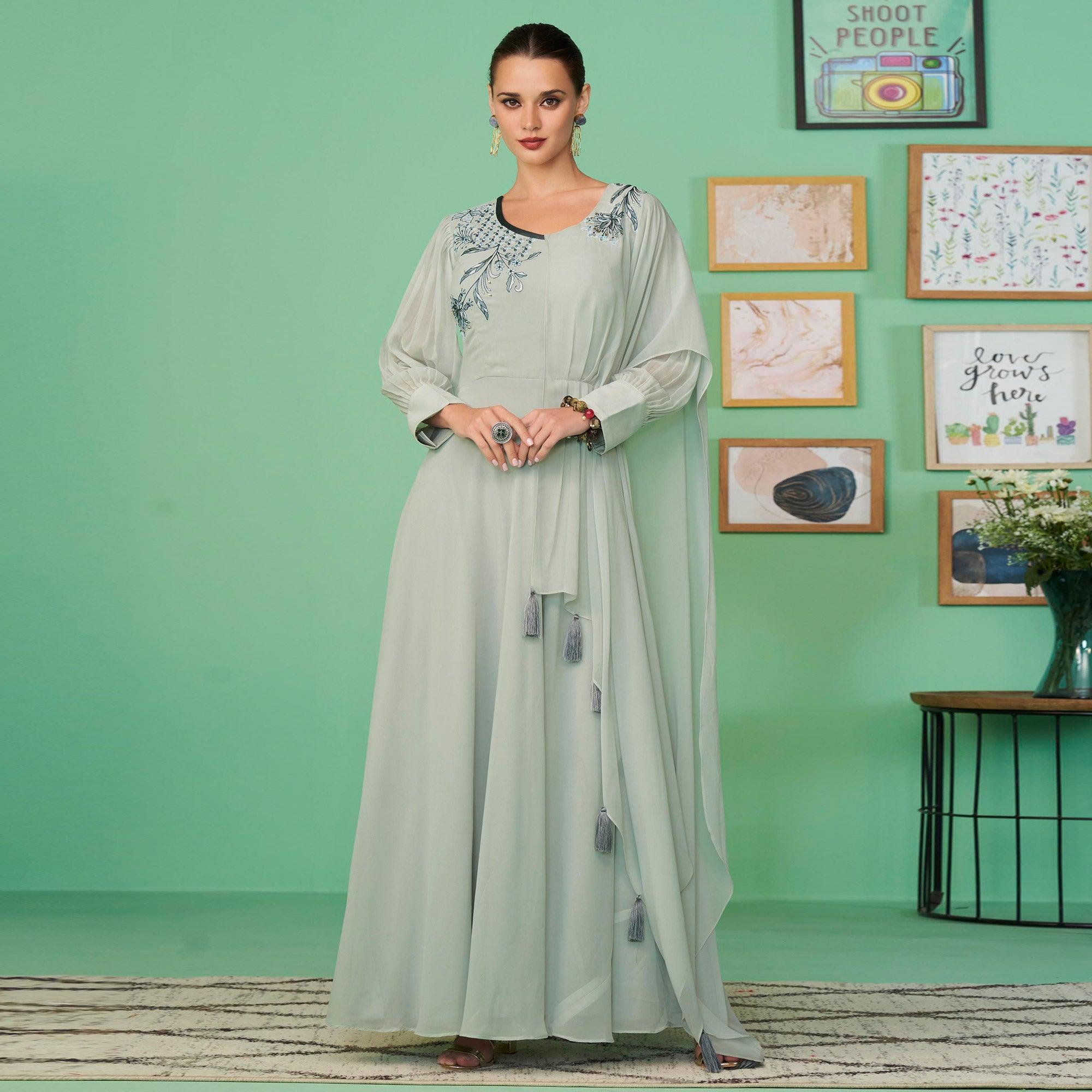 Light Green Embroidered Georgette Gown - Peachmode