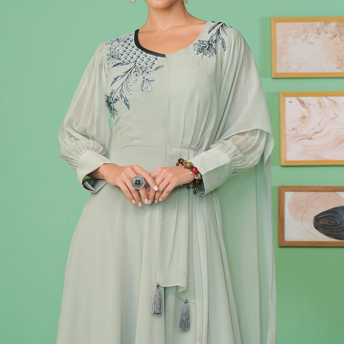 Light Green Embroidered Georgette Gown - Peachmode