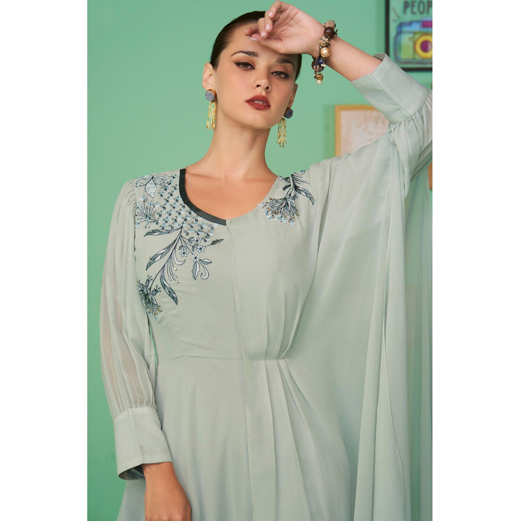 Light Green Embroidered Georgette Gown - Peachmode