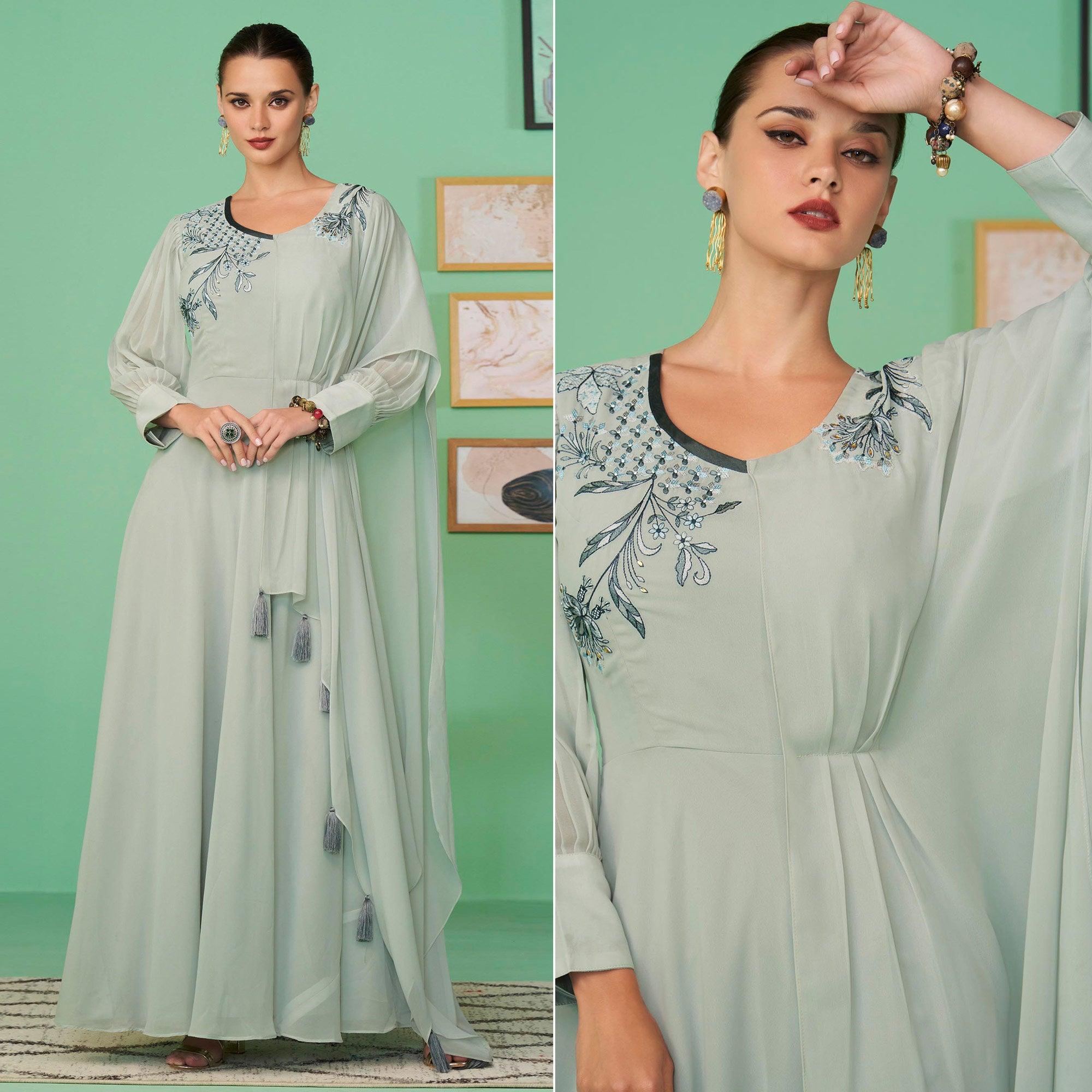 Light Green Embroidered Georgette Gown - Peachmode