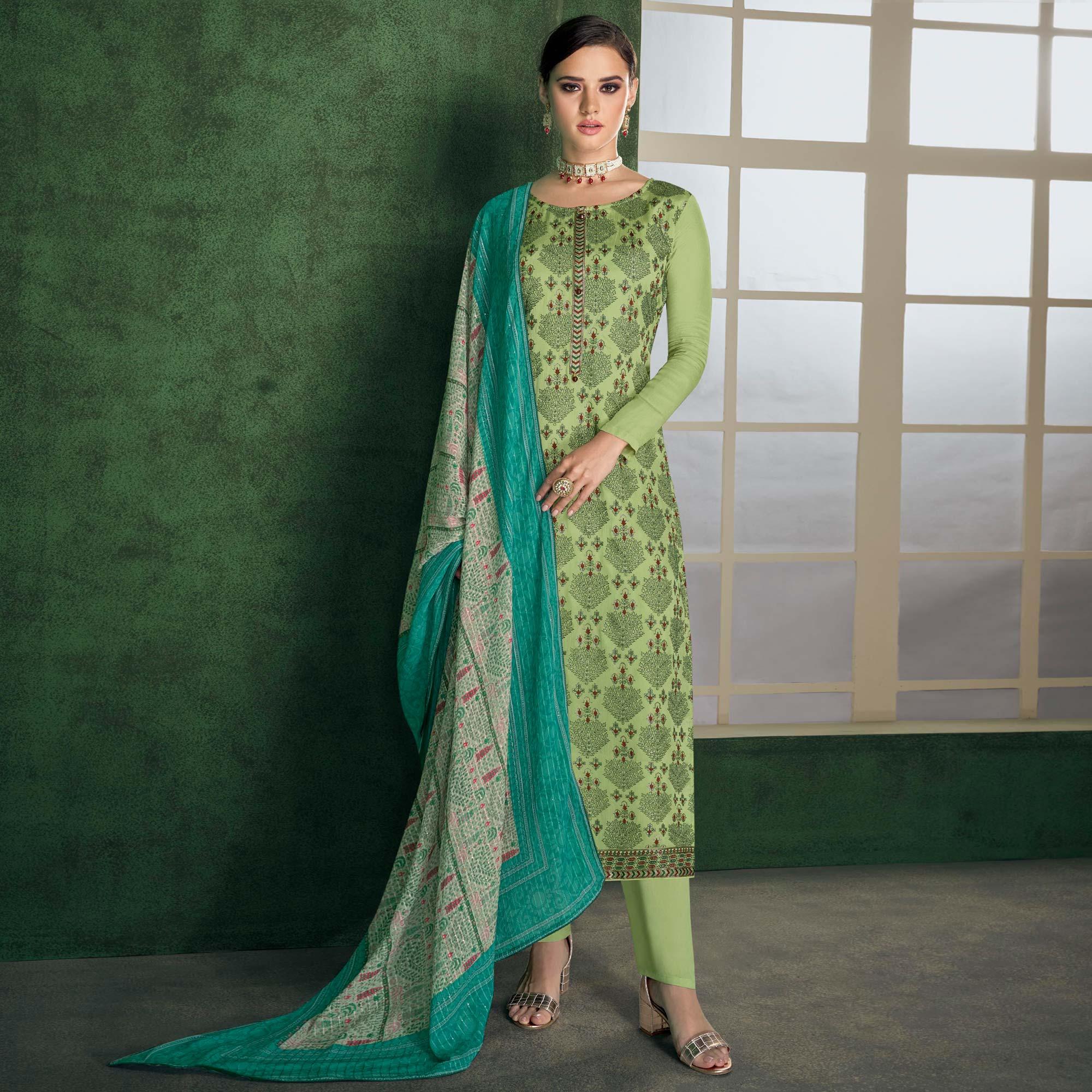 Light Green Embroidered Heavy Faux Georgette Partywear Suit - Peachmode