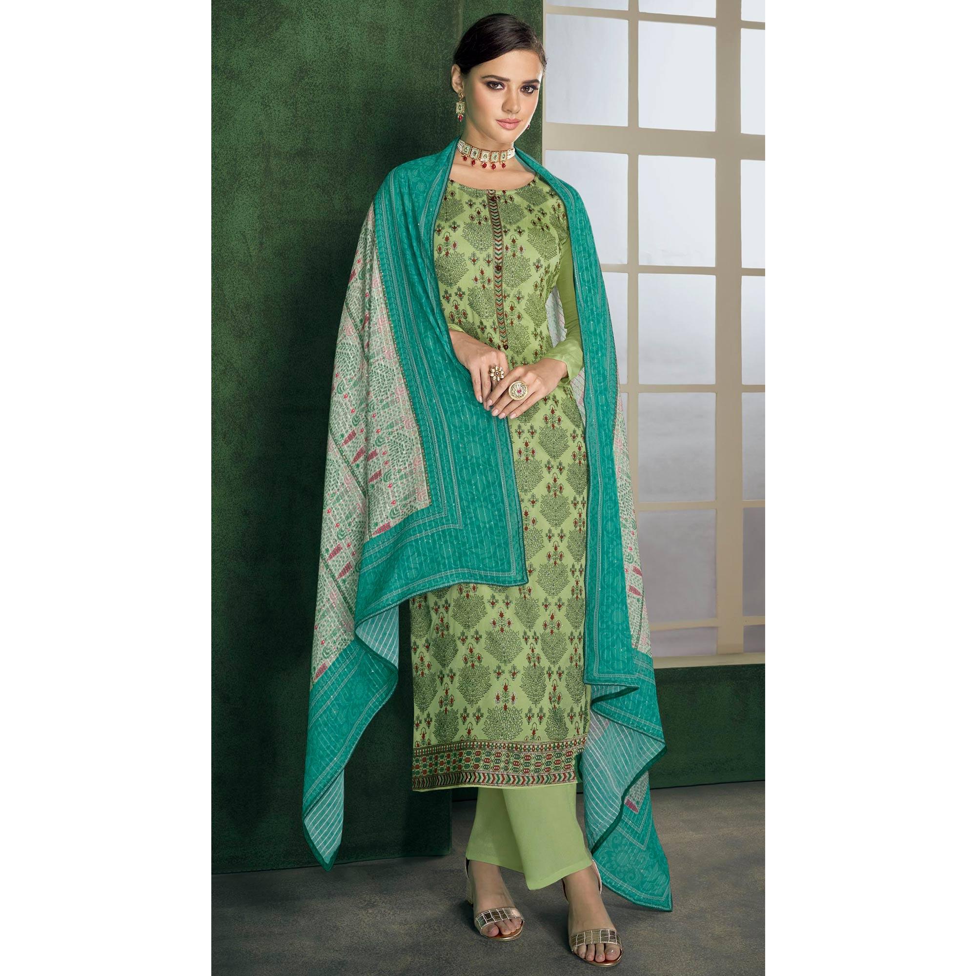 Light Green Embroidered Heavy Faux Georgette Partywear Suit - Peachmode