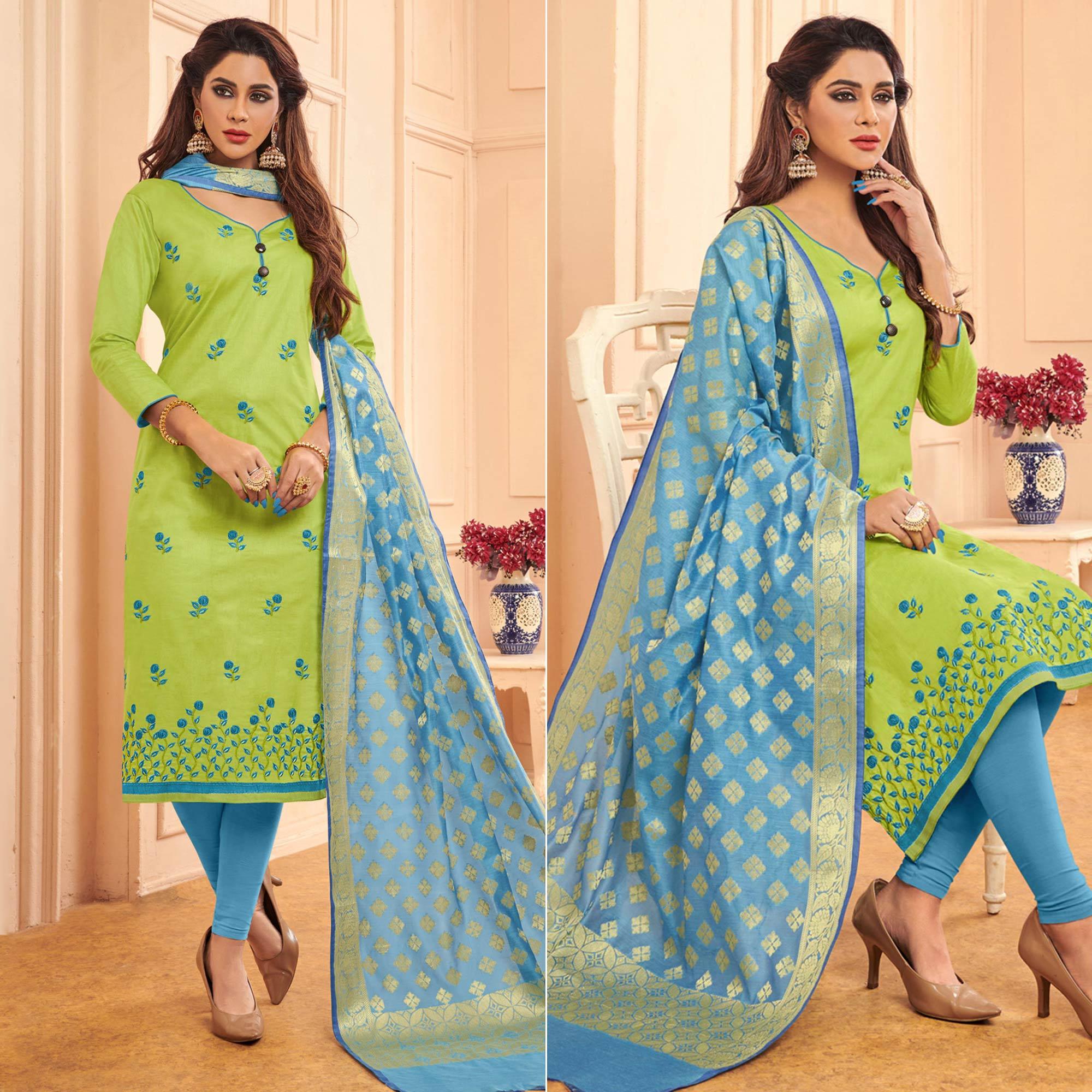Light Green Embroidered Pure Cotton Dress Material - Peachmode