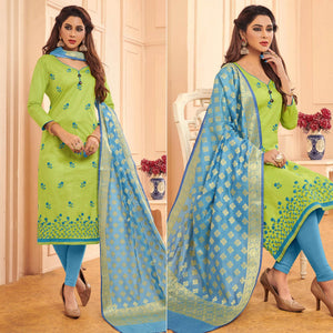 Light Green Embroidered Pure Cotton Dress Material - Peachmode