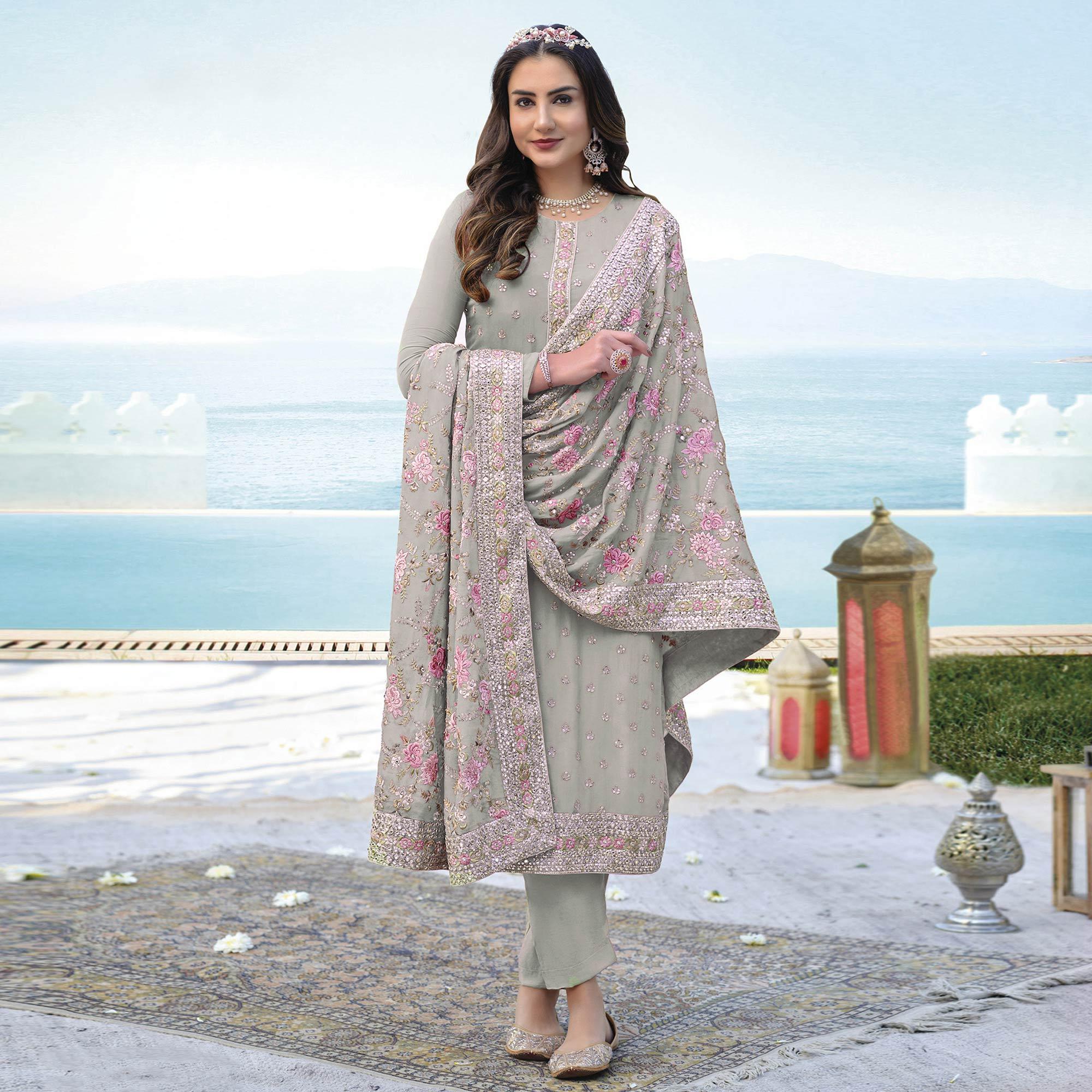 Light Green Embroidered With Embellished Georgette Salwar Suit - Peachmode