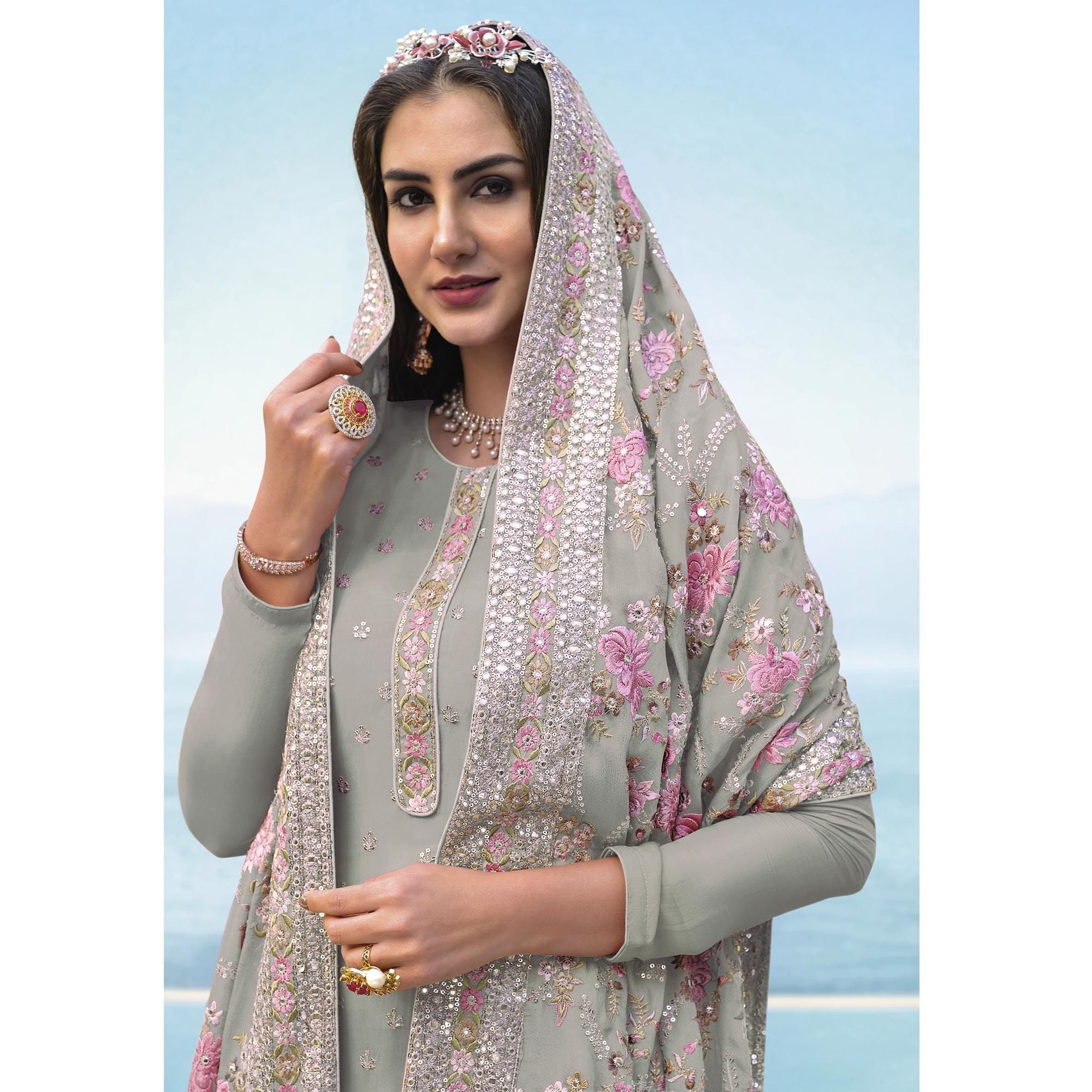 Light Green Embroidered With Embellished Georgette Salwar Suit - Peachmode
