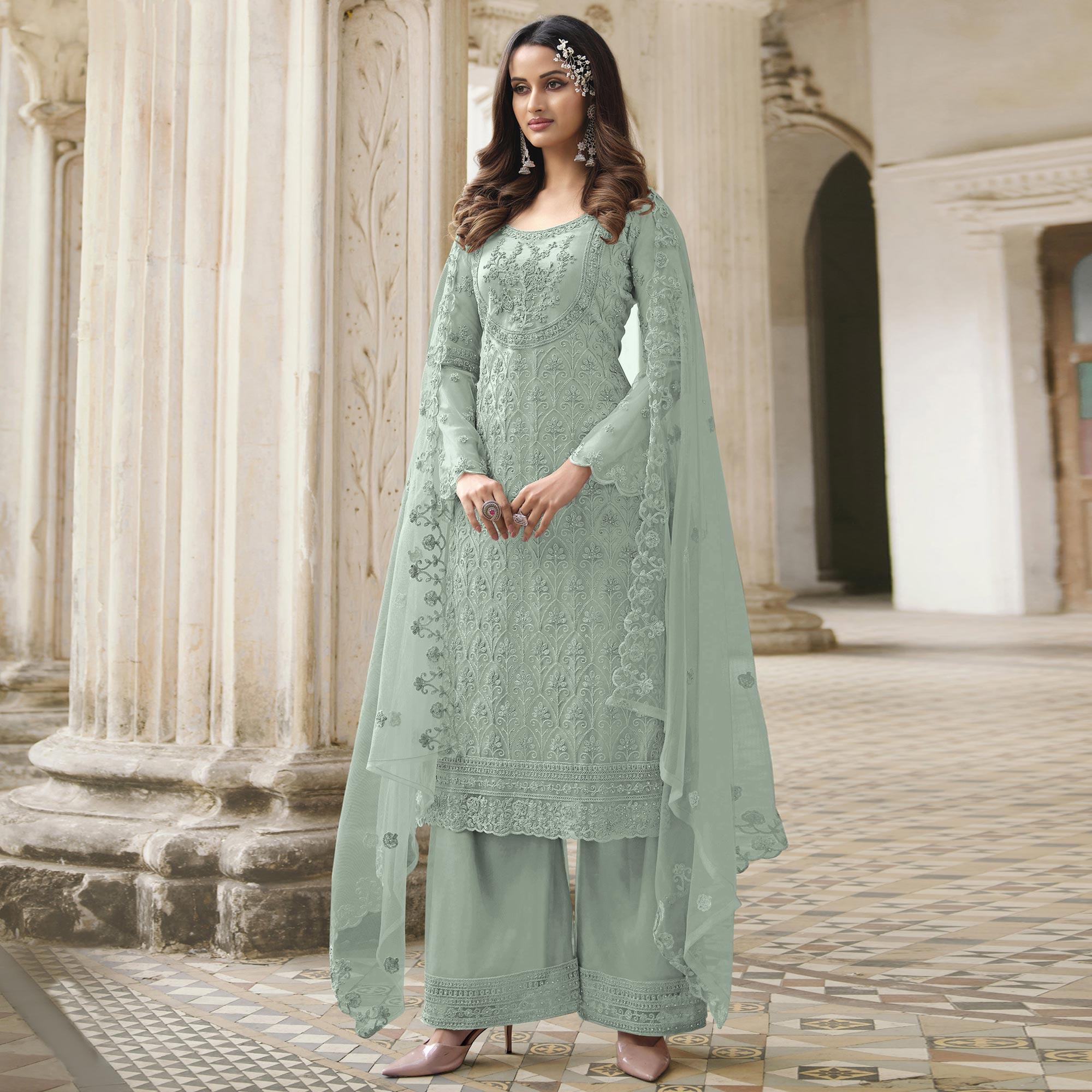 Light Green Embroidered With Embellished Net Palazzo Suit - Peachmode