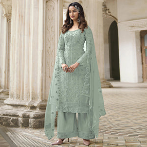 Light Green Embroidered With Embellished Net Palazzo Suit - Peachmode