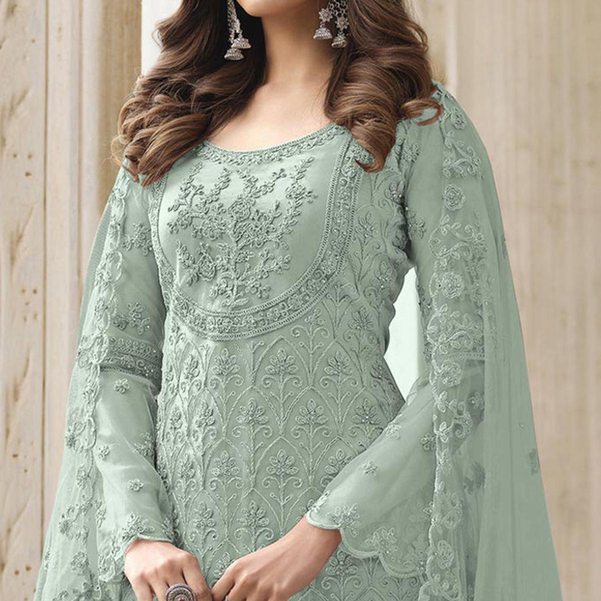 Light Green Embroidered With Embellished Net Palazzo Suit - Peachmode