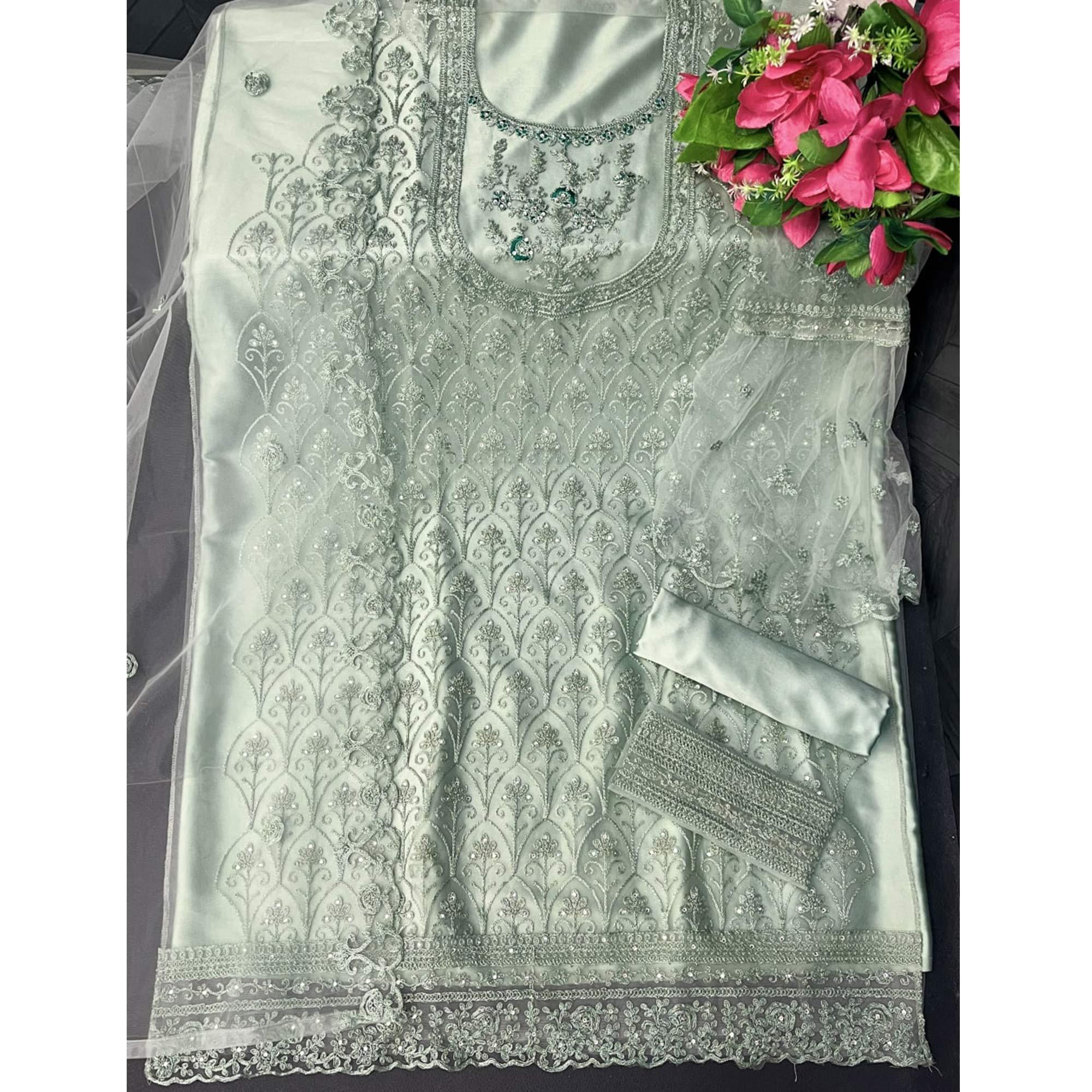 Light Green Embroidered With Embellished Net Palazzo Suit - Peachmode
