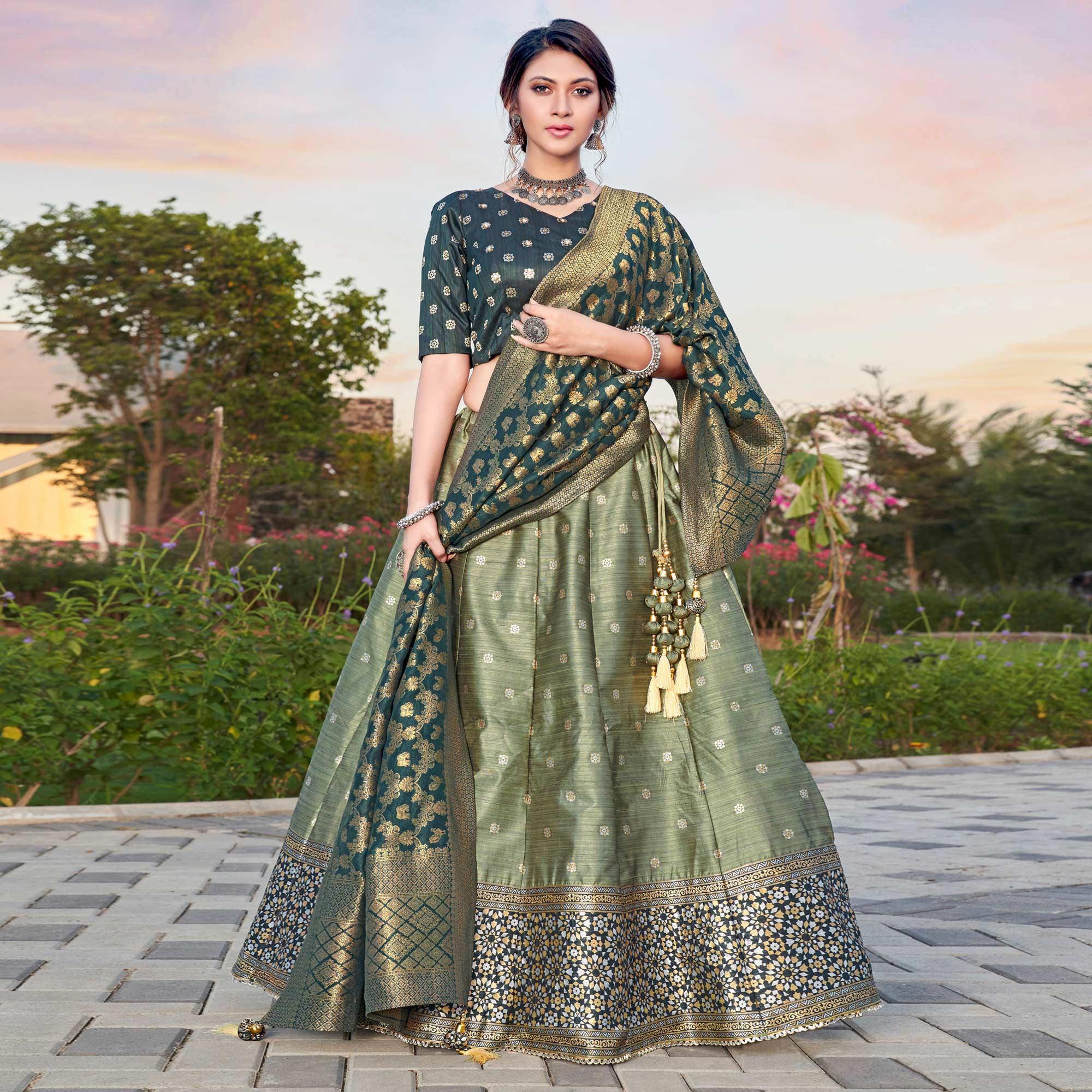 Light Green Embroidery With Woven Silk Lehenga Choli - Peachmode