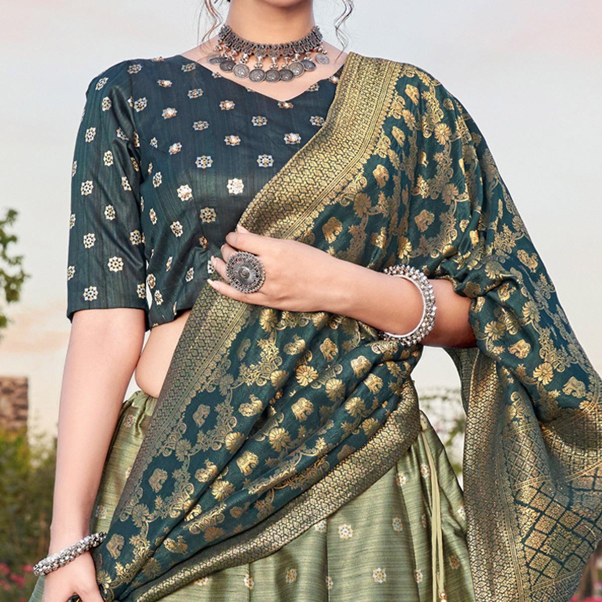 Light Green Embroidery With Woven Silk Lehenga Choli - Peachmode