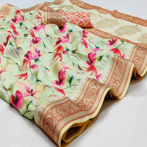 Light Green Festive Wear Digital Printed Soft Silk Saree With Jacquard Border - Peachmode