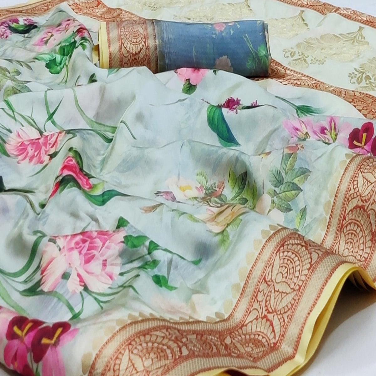 Light Green Festive Wear Digital Printed Soft Silk Saree With Jacquard Border - Peachmode