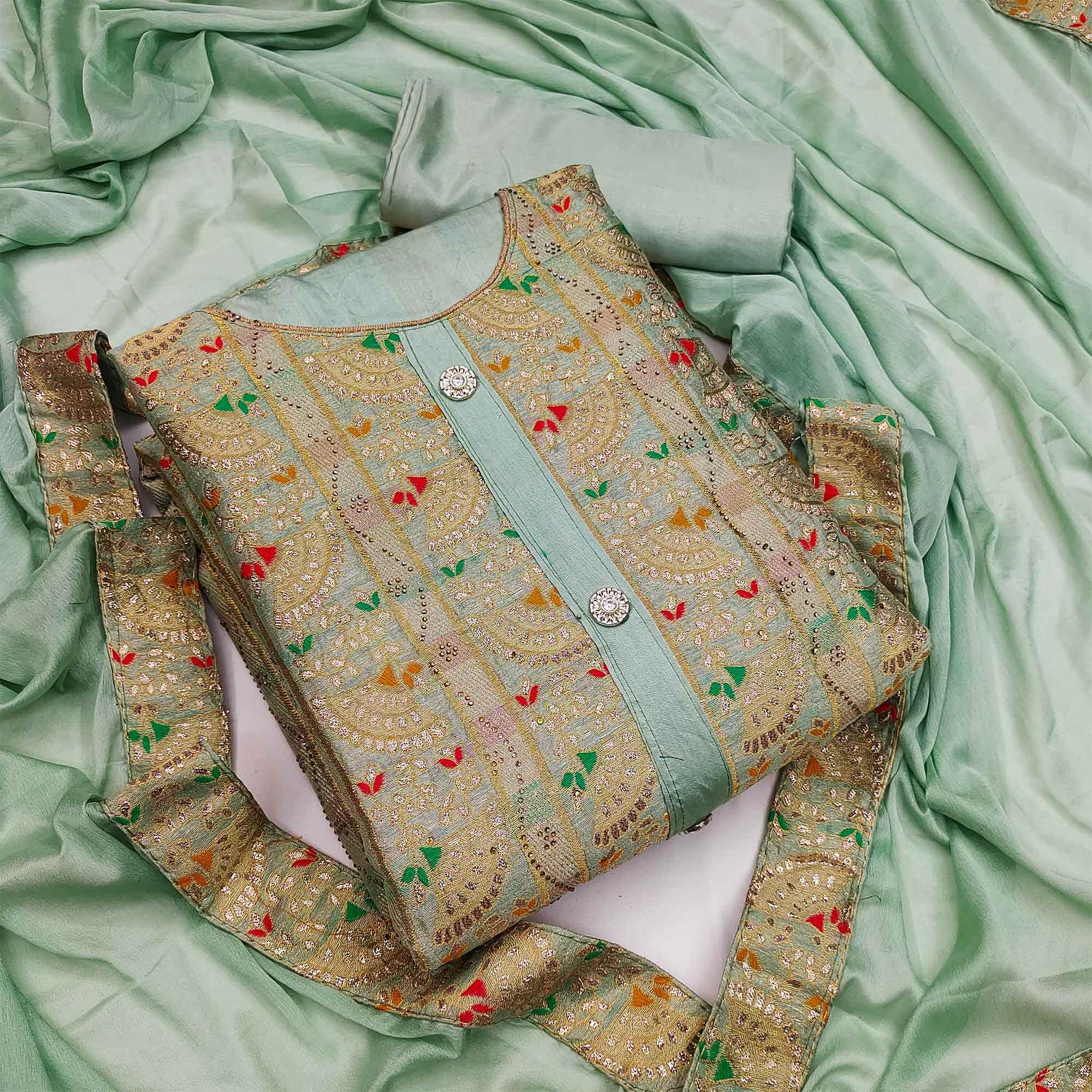 Light Green Festive Wear Embroidered Tapetta Dress Material - Peachmode