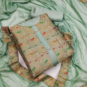 Light Green Festive Wear Embroidered Tapetta Dress Material - Peachmode