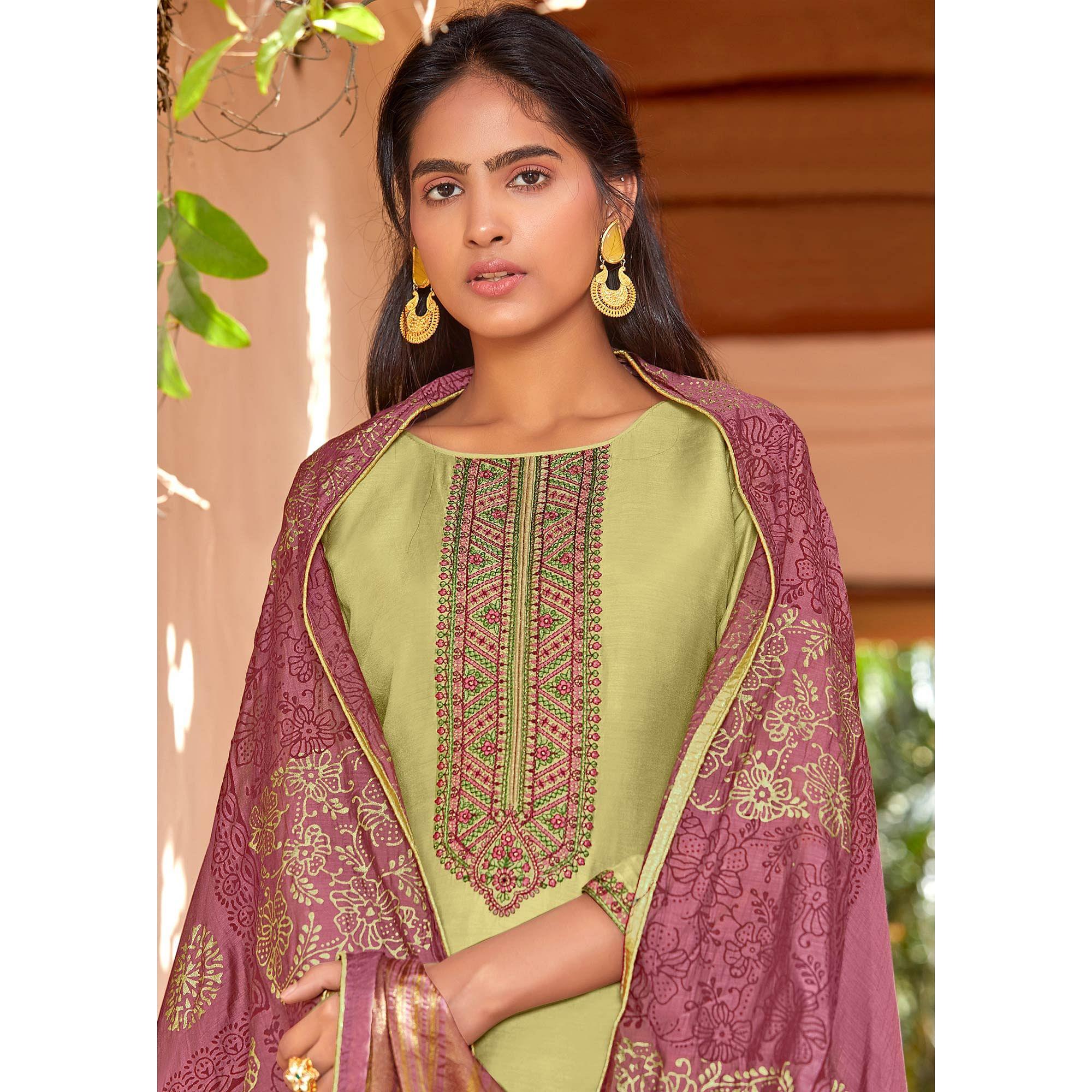 Light Green Festive Wear Embroidered Viscose Cotton Silk Salwar Suit - Peachmode