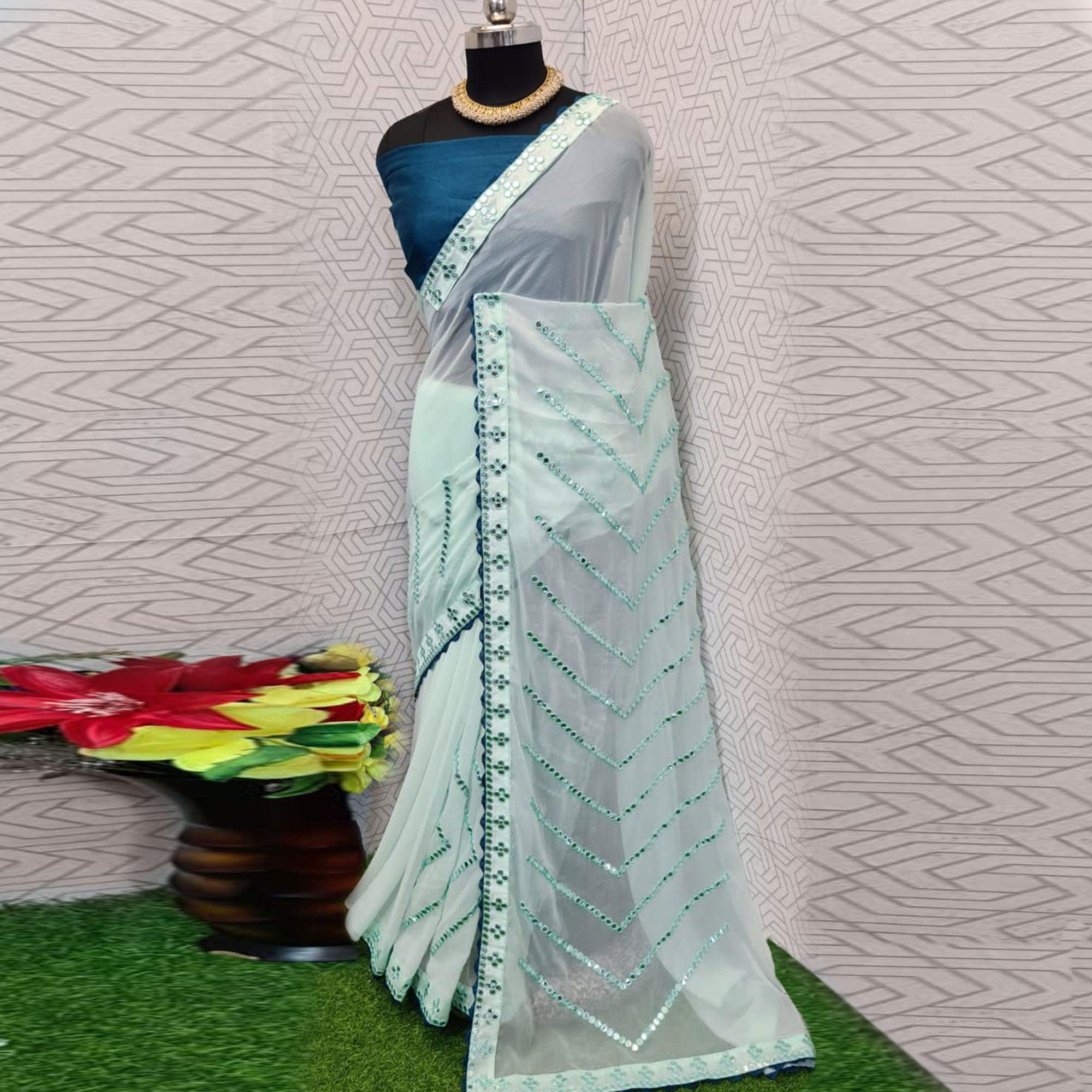 Light Green Festive Wear Mirron Work Chiffon Saree - Peachmode