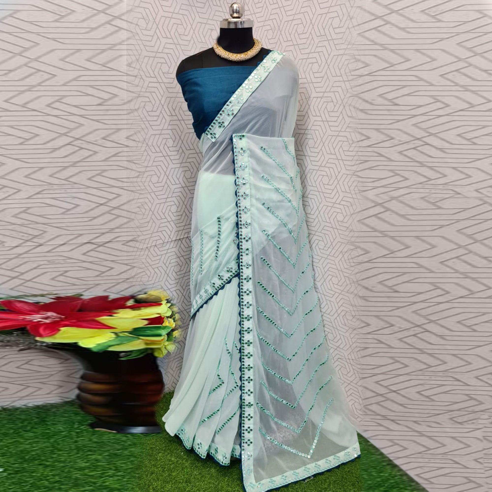 Light Green Festive Wear Mirron Work Chiffon Saree - Peachmode