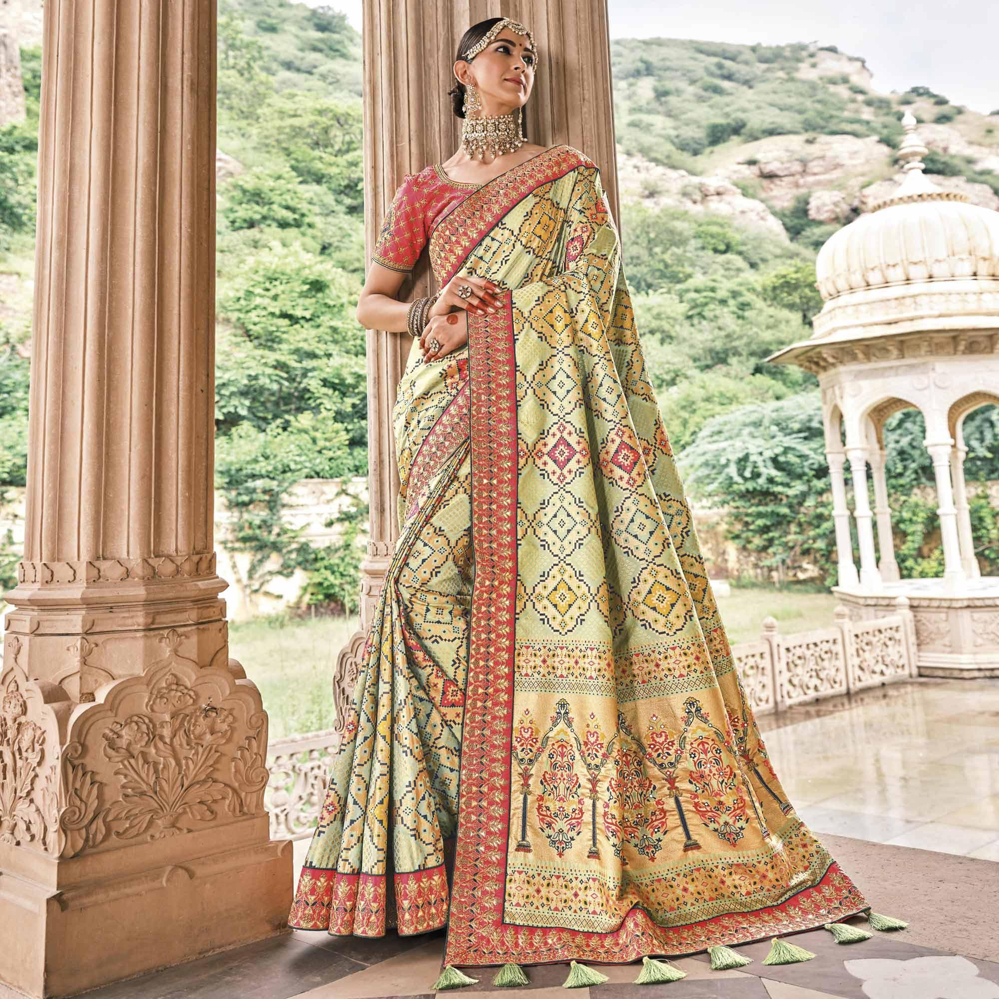 Light Green Festive Wear Plain & Hand Work Pure Silk Saree - Peachmode