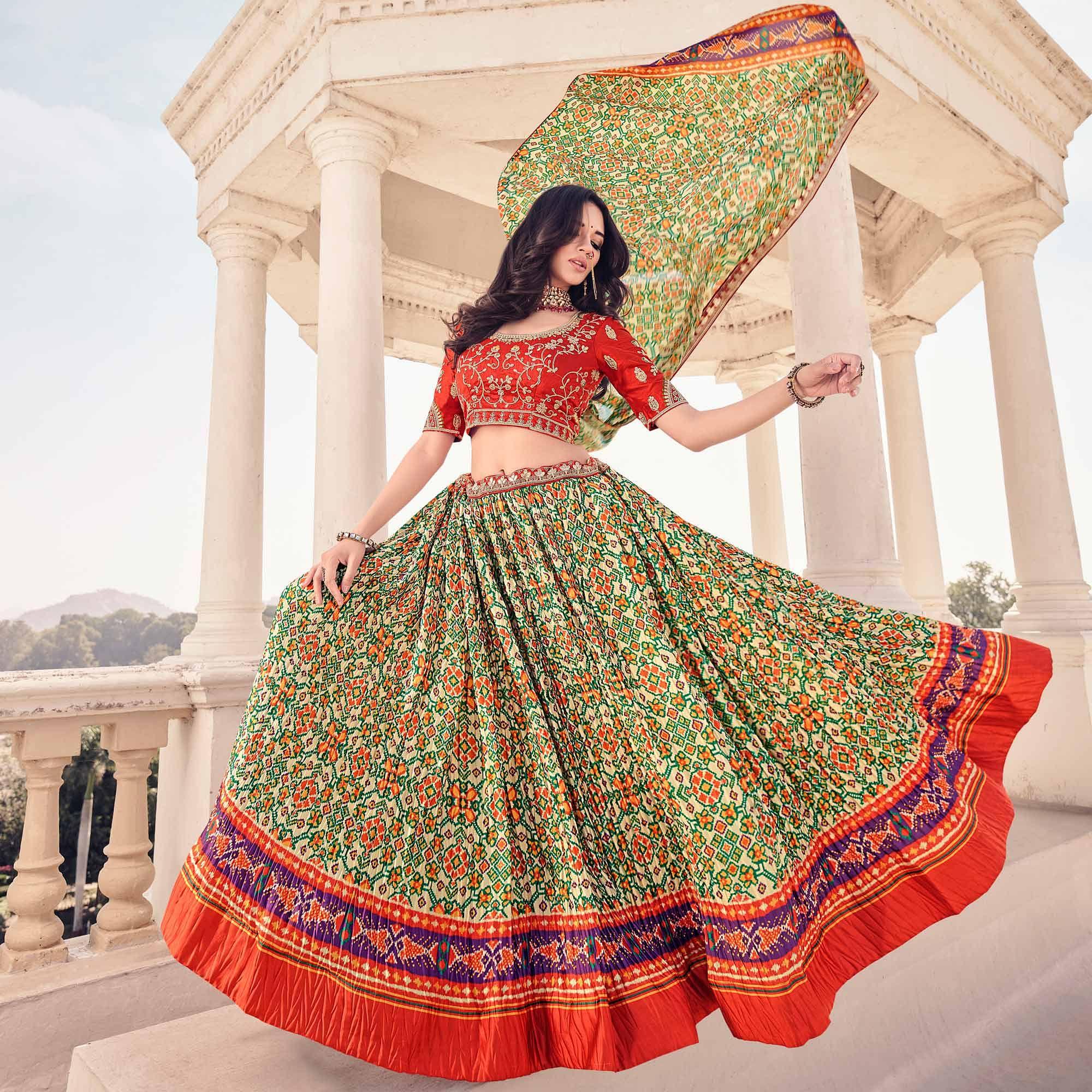 Light Green Festive Wear Satin Digital Geometrical Printed Lehenga Choli - Peachmode