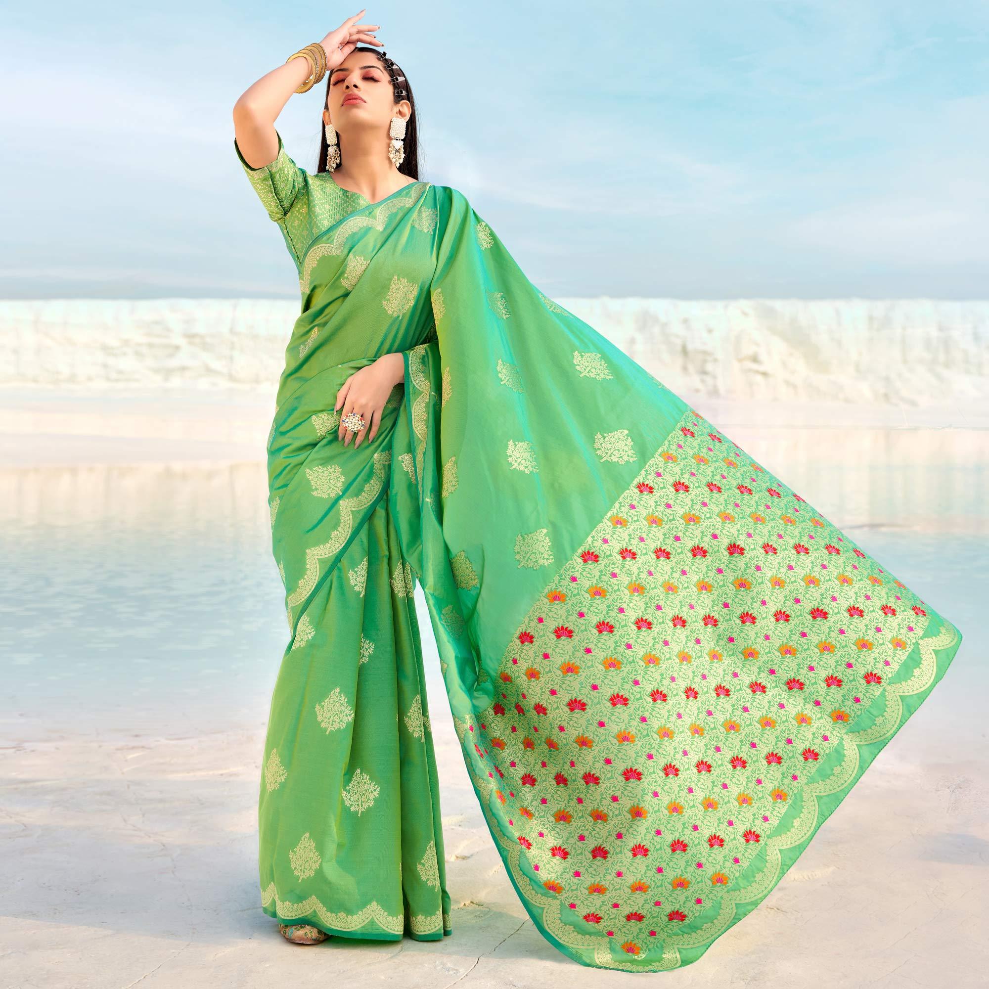 Light Green Festive Wear Woven Banarasi Soft Silk Saree - Peachmode