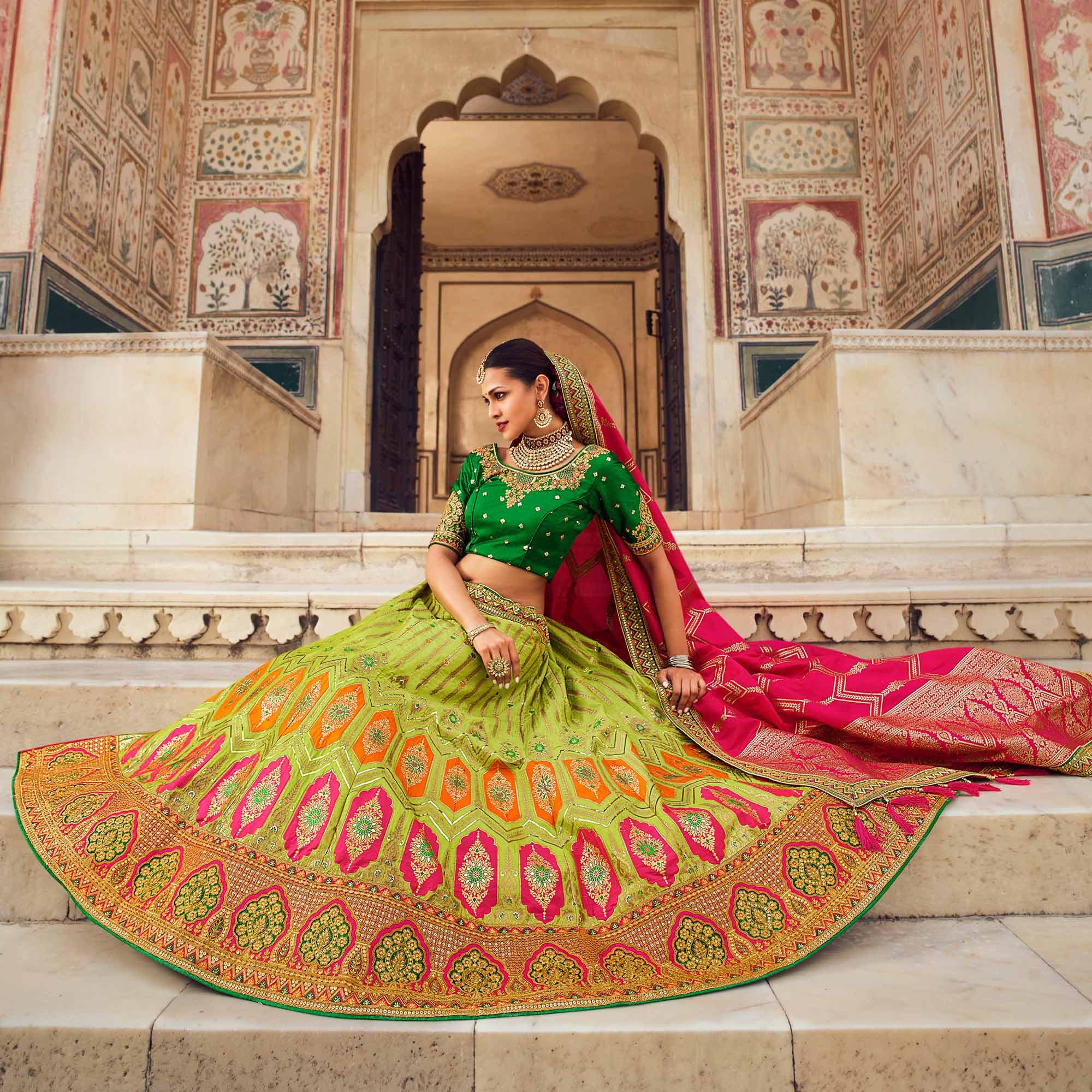 Light Green Festive Wear Woven Heavy Banarasi Silk Lehenga Choli - Peachmode