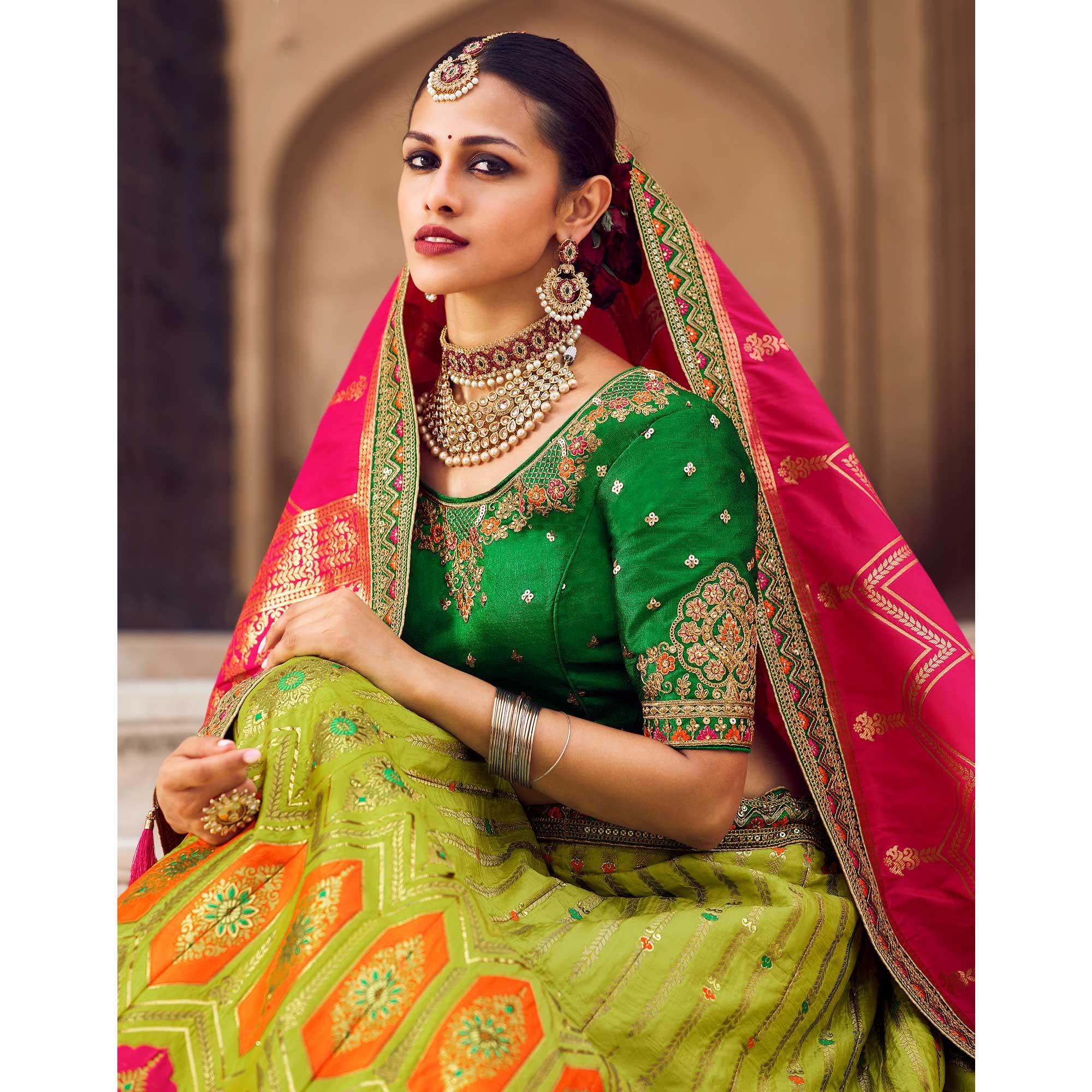 Light Green Festive Wear Woven Heavy Banarasi Silk Lehenga Choli - Peachmode