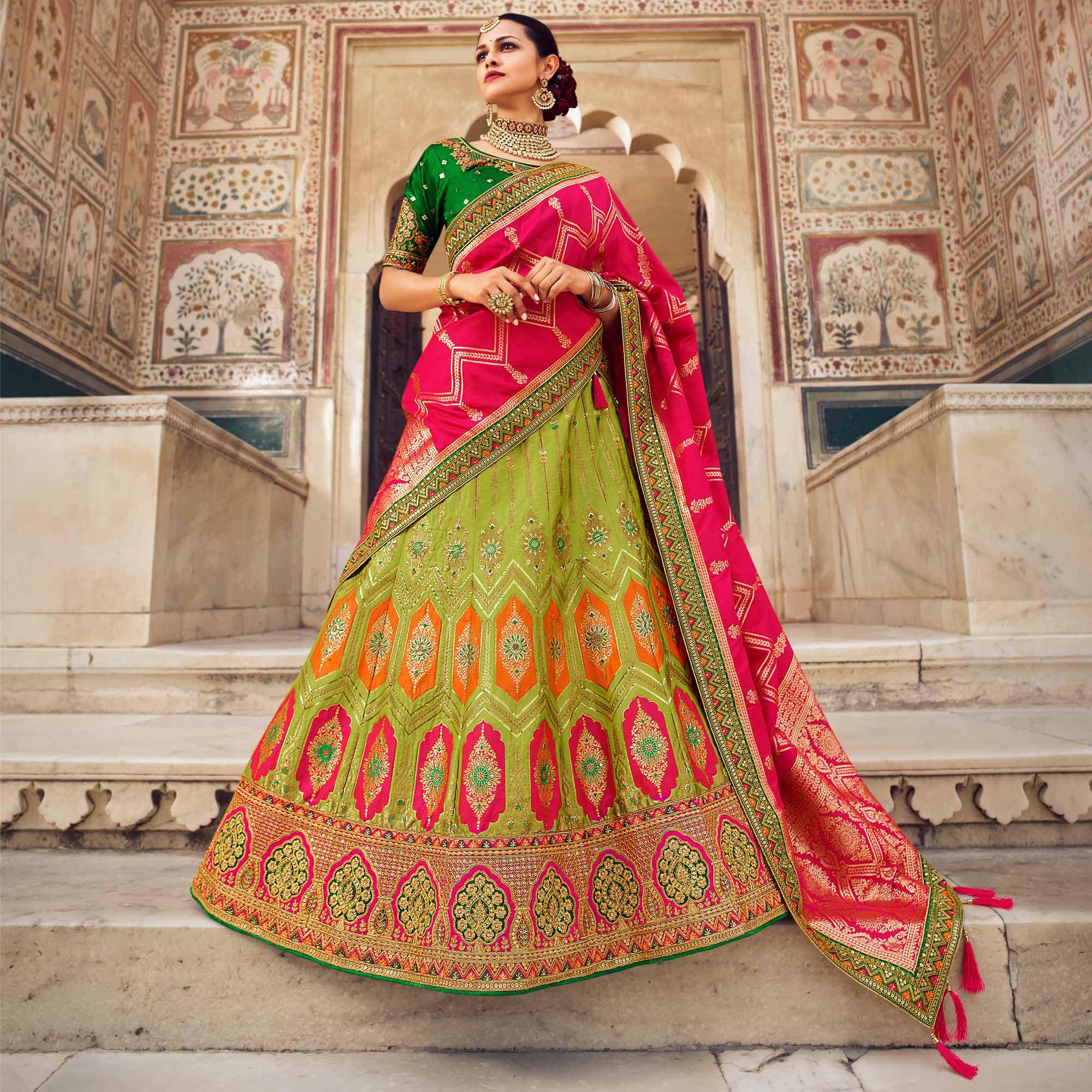 Light Green Festive Wear Woven Heavy Banarasi Silk Lehenga Choli - Peachmode