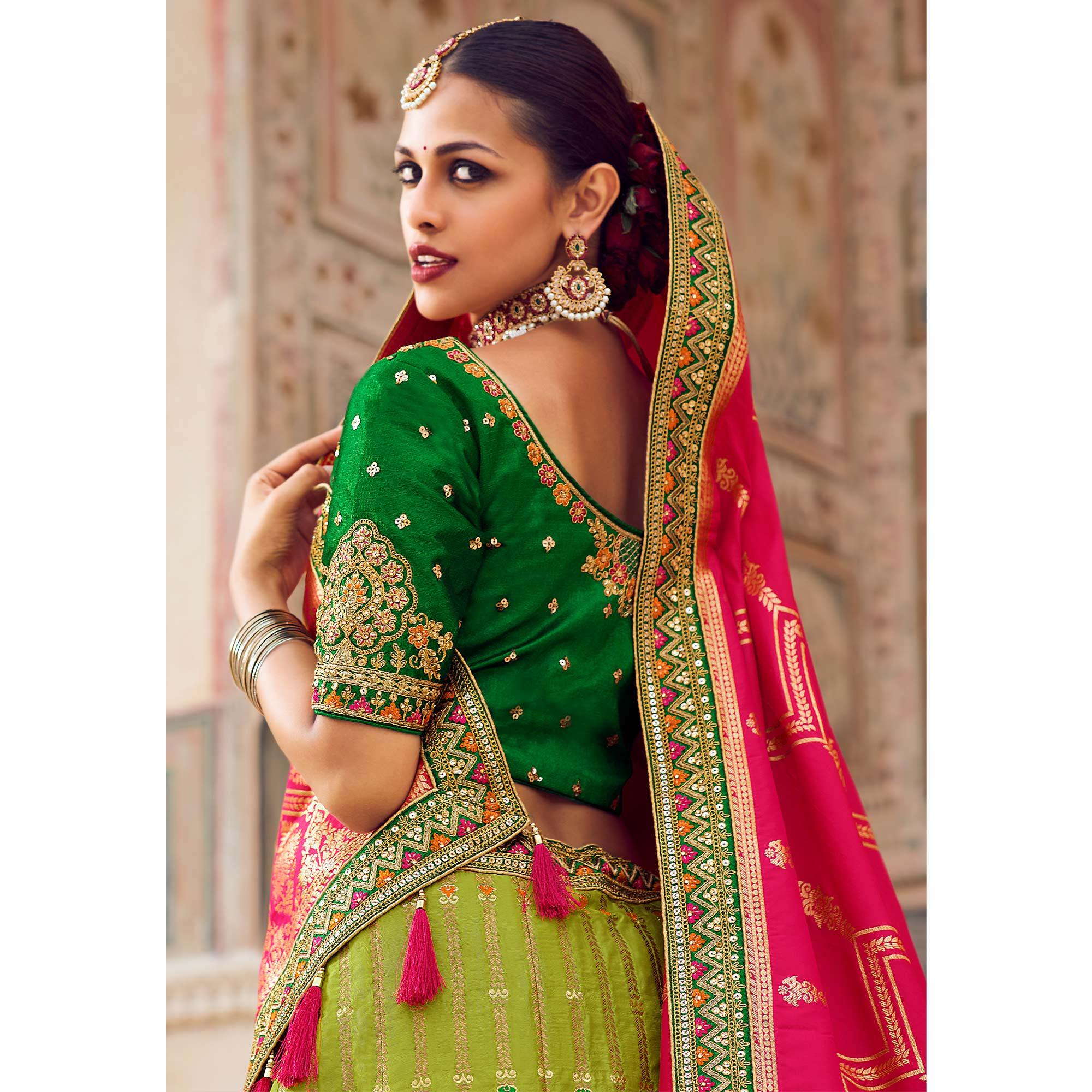 Light Green Festive Wear Woven Heavy Banarasi Silk Lehenga Choli - Peachmode