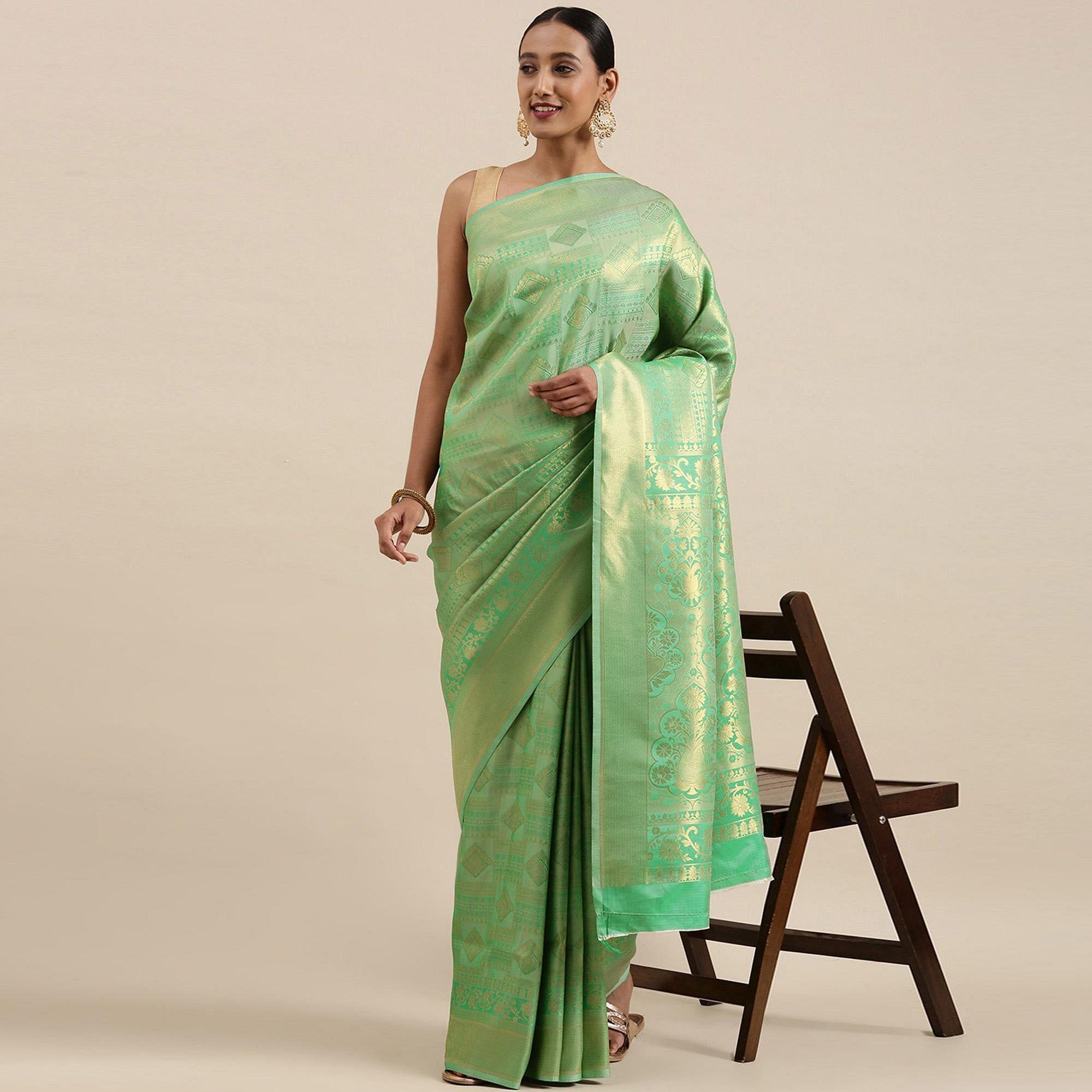 Light Green Festive Wear Woven Kanjivaram Silk Saree - Peachmode