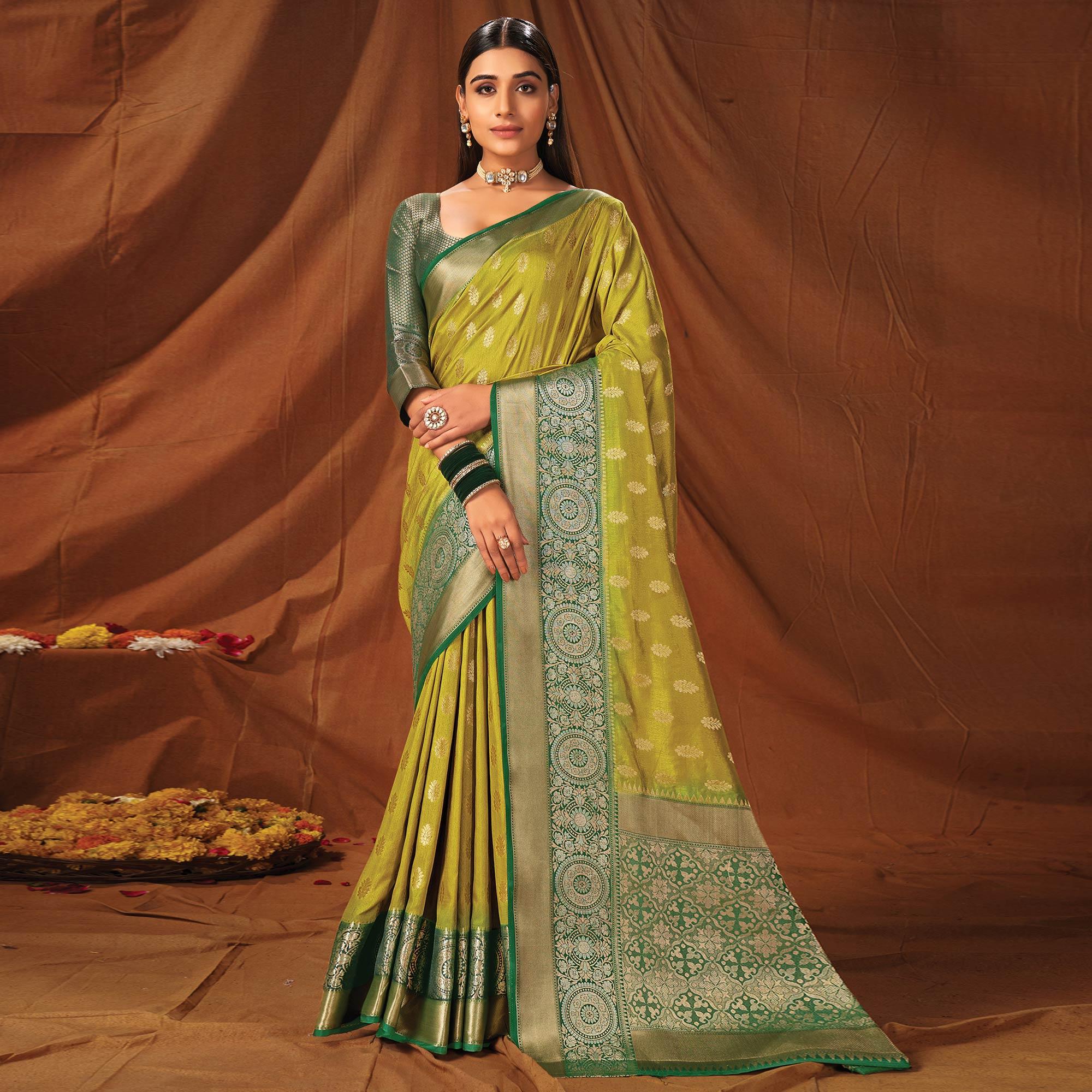 Light Green Festive Wear Woven Silk Saree - Peachmode