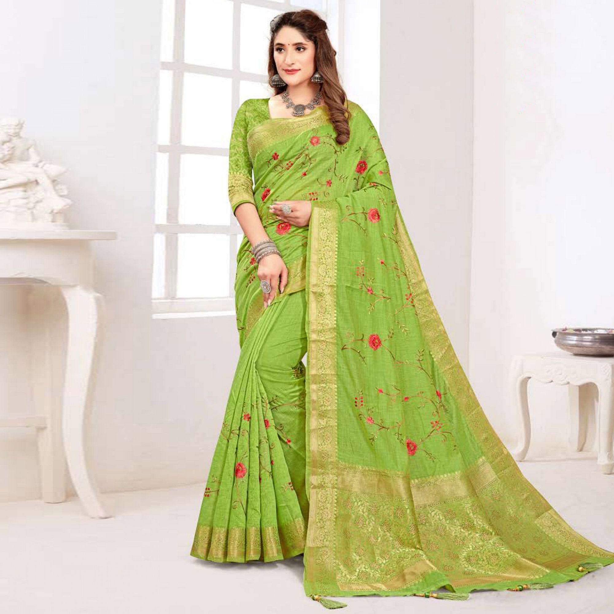 Light Green Floral Embroidered Cotton Silk Saree With Tassels - Peachmode