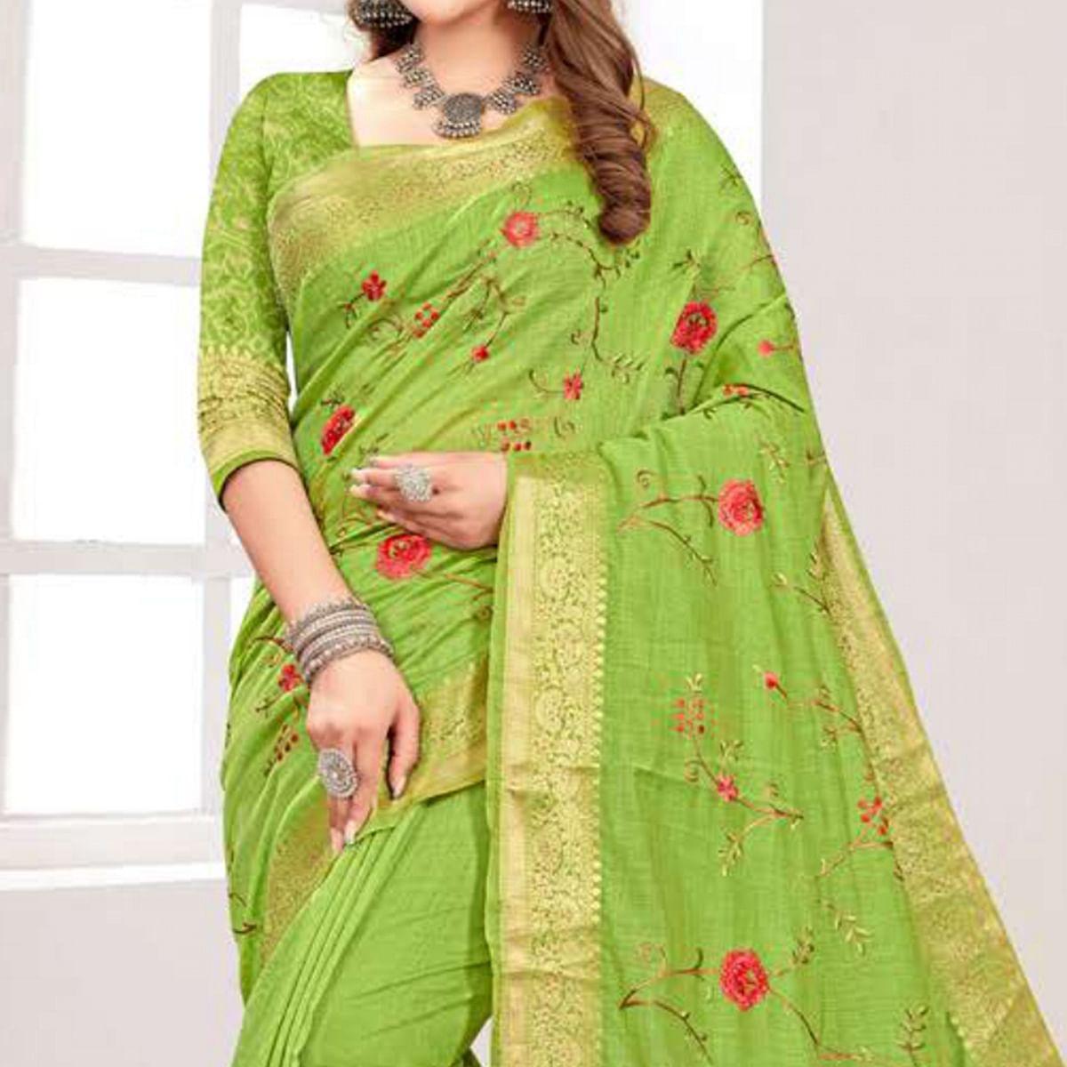 Light Green Floral Embroidered Cotton Silk Saree With Tassels - Peachmode