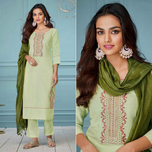 Light Green Floral Embroidered Pure Cotton Kurti Pant Set With Dupatta - Peachmode