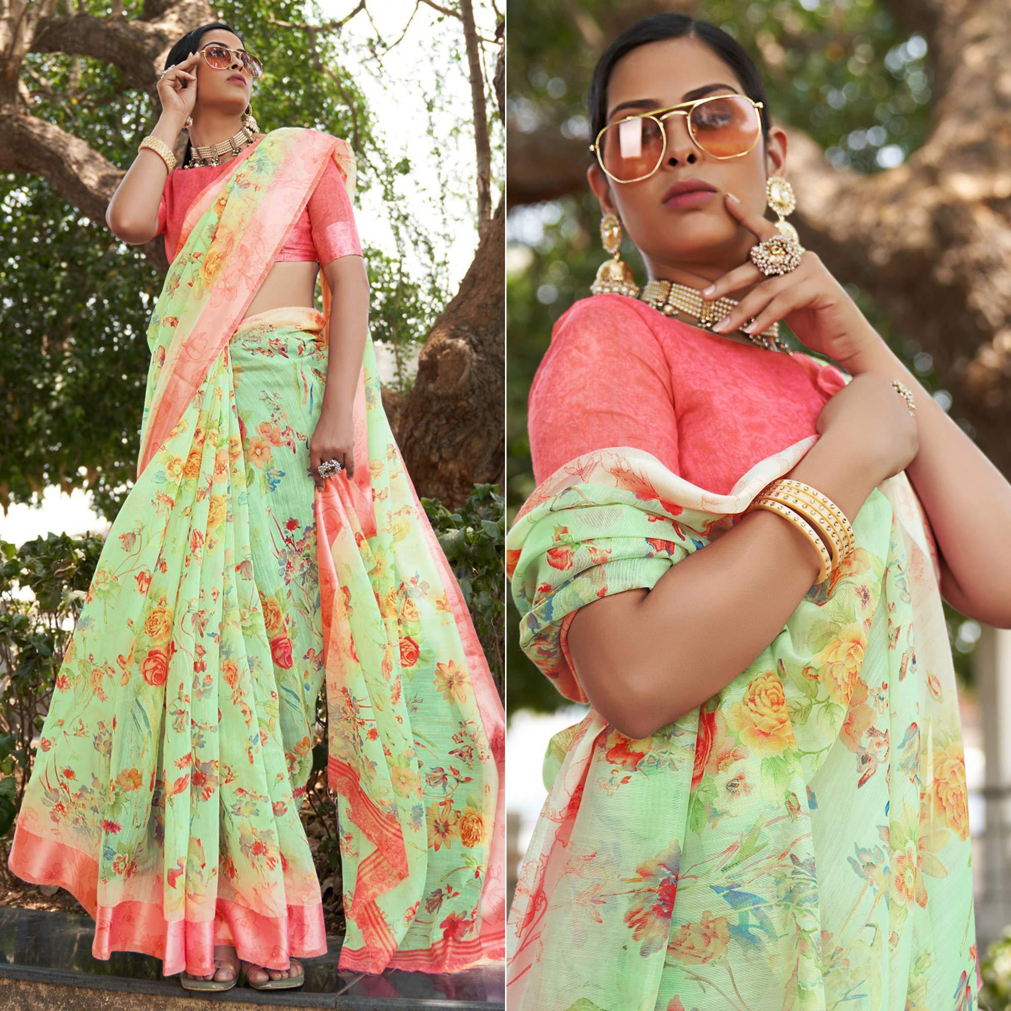 Light Green Floral Printed Linen Saree - Peachmode