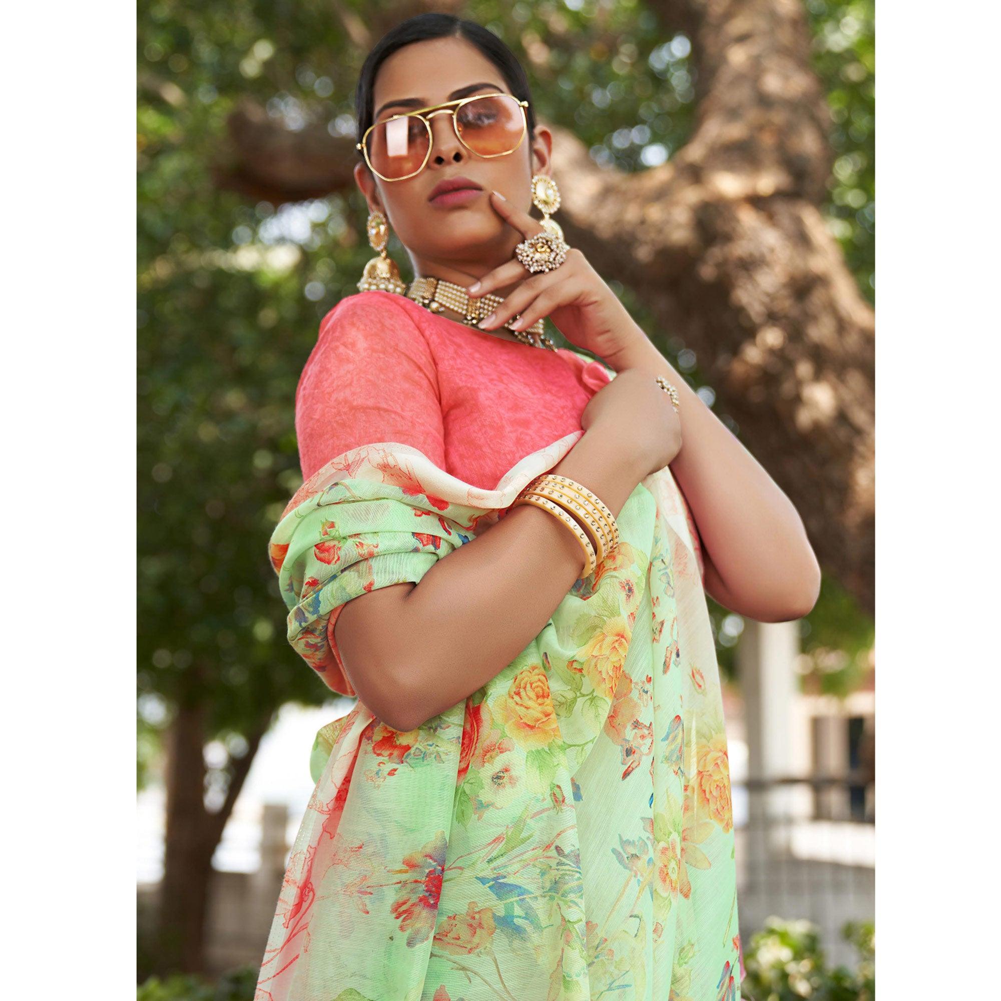 Light Green Floral Printed Linen Saree - Peachmode