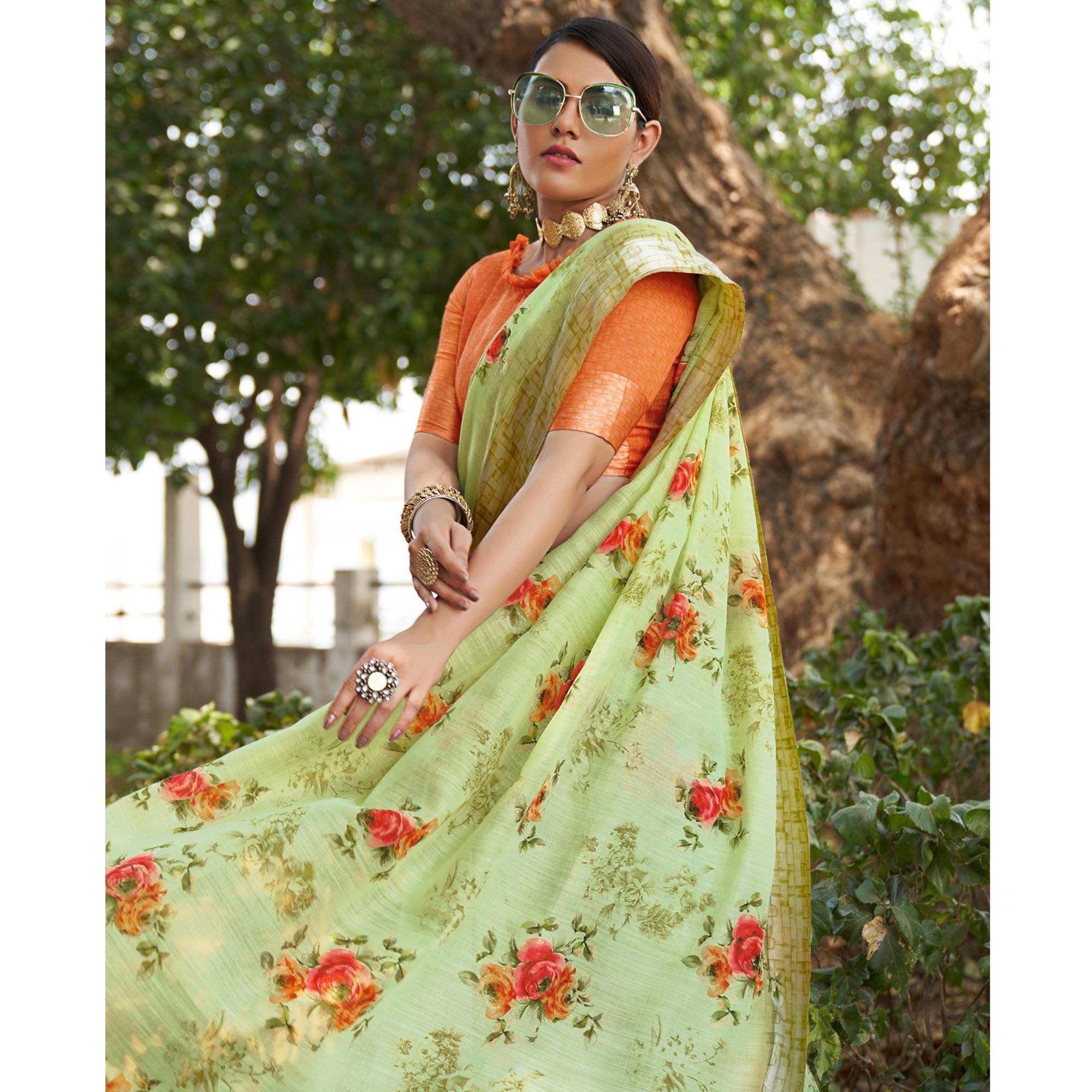 Light Green Floral Printed Linen Saree - Peachmode