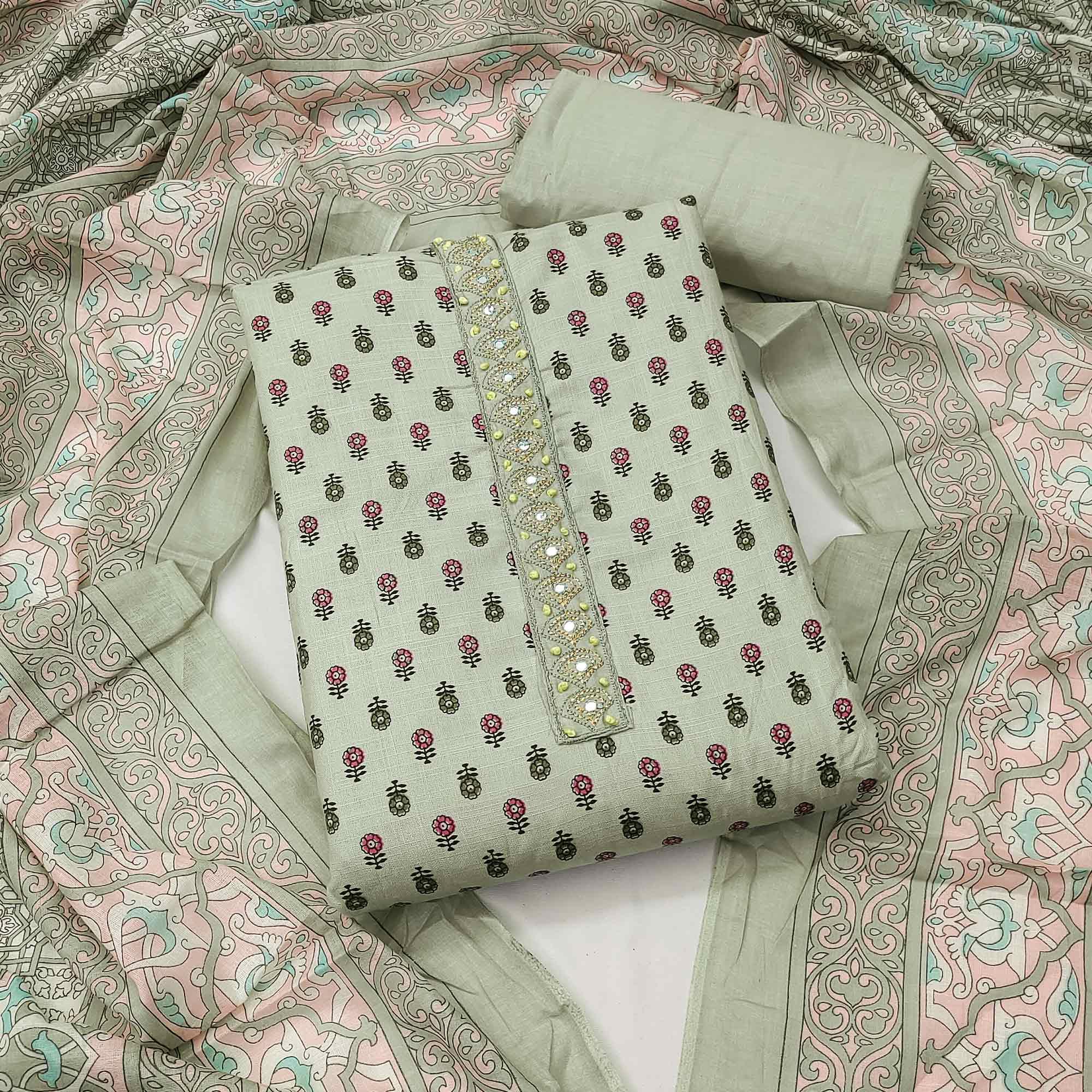 Light Green Floral Printed With Embroidered Poly Cotton Dress Material - Peachmode
