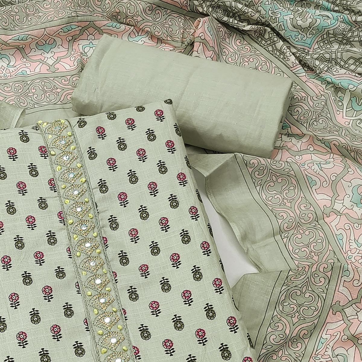 Light Green Floral Printed With Embroidered Poly Cotton Dress Material - Peachmode