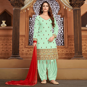 Light Green Partywear Designer Floral Embroidered Faux Georgette Patiyala Suit - Peachmode