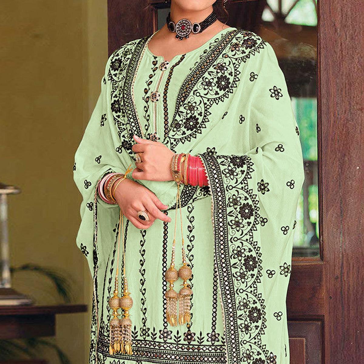 Light Green Partywear Designer Floral Embroidered Georgette Palazzo Suit - Peachmode