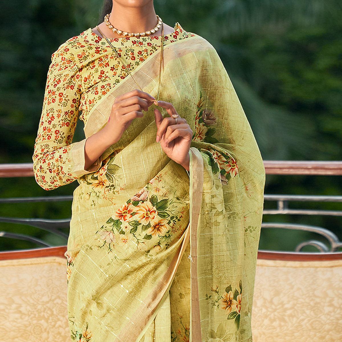 Light Green Partywear Digital Printed & Sequence Woven Pure Linen Saree - Peachmode