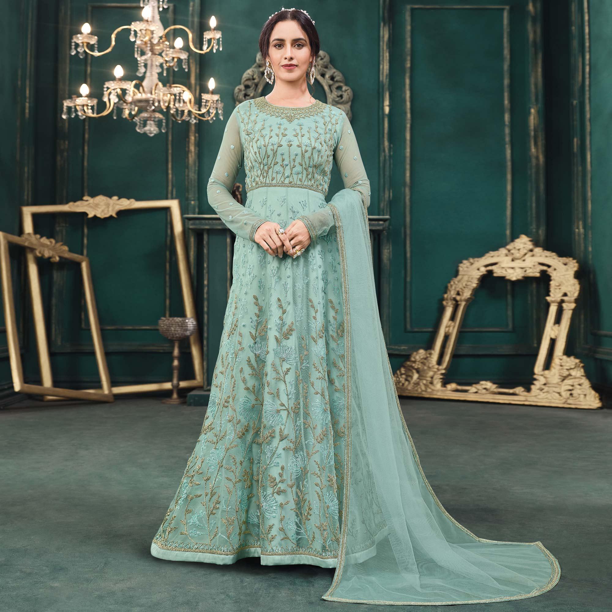Light Green Partywear Embroidered Butterfly Net Anarkali Suit - Peachmode
