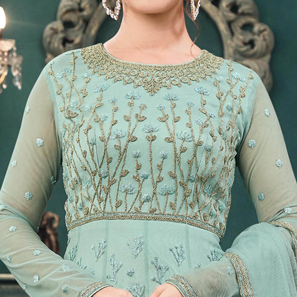 Light Green Partywear Embroidered Butterfly Net Anarkali Suit - Peachmode