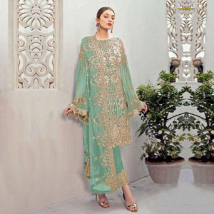 Light Green Partywear Embroidered Georgette Pakistani Suit - Peachmode